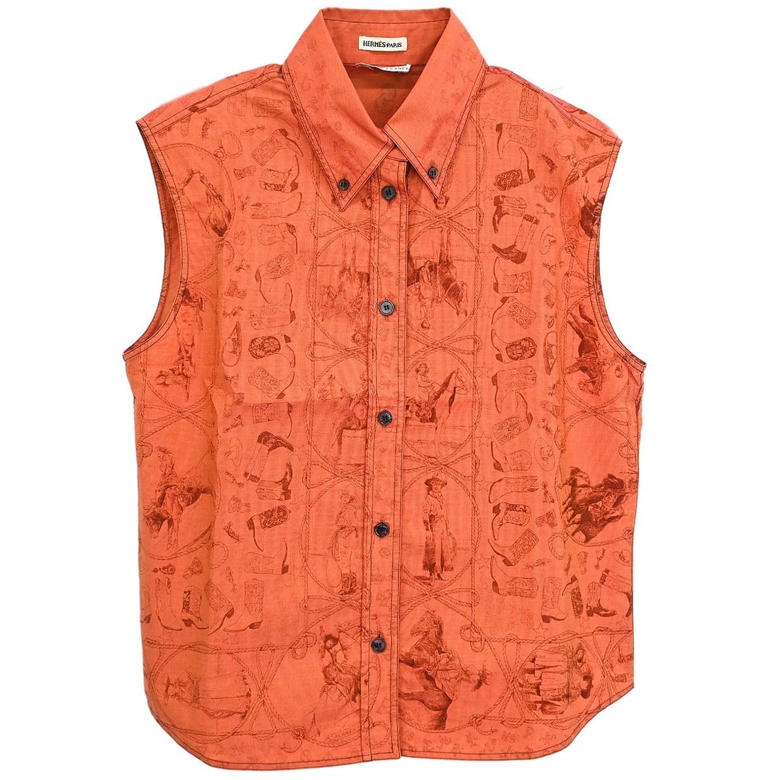 HERMES Vintage Orange Sleeveless Top Size 38 Casual Summer: HERMES Vintage Orange Sleeveless Top Size 38 Casual Summer This vintage Hermes sleeveless top is a stylish addition to your casual summer wardrobe. Crafted from 100% cotton, it features a collared nec