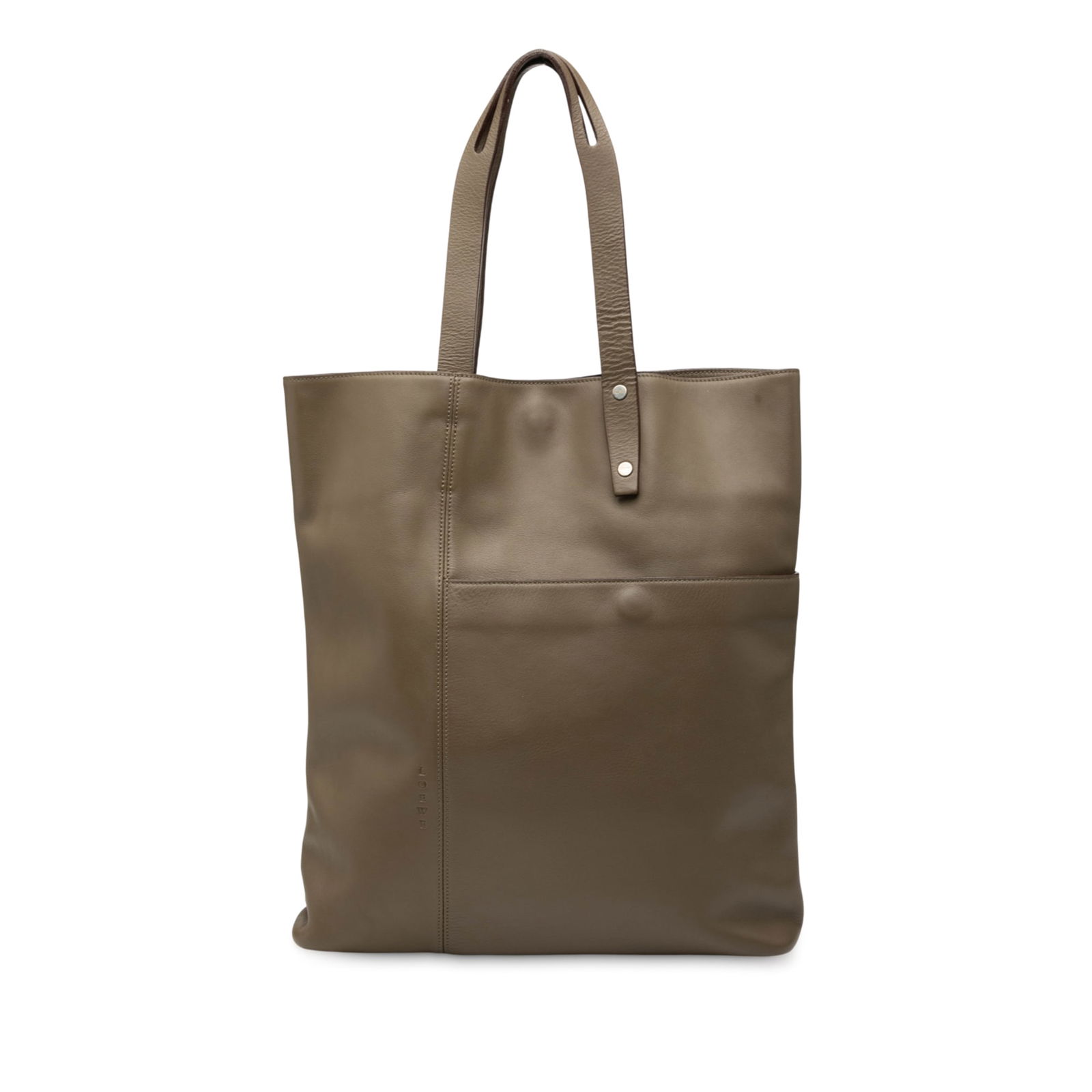 LOEWE Brown Leather Tote with Pouch and Slip Pocket: LOEWE Brown Leather Tote with Pouch and Slip Pocket This LOEWE Leather Tote is a stylish and functional accessory crafted from high-quality leather. It features flat leather top handles, an open top d