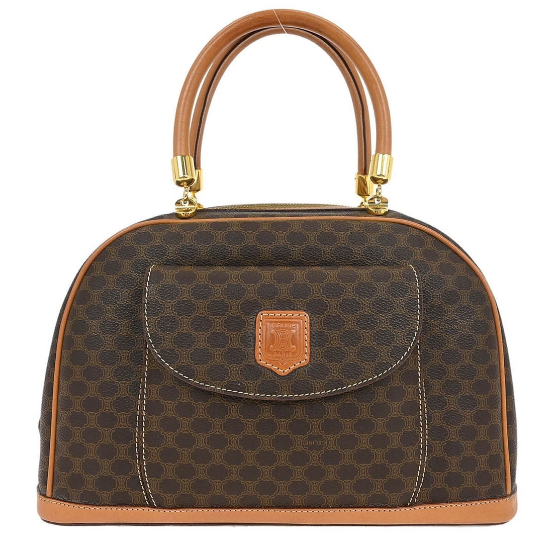 Macadam Pattern Celine Brown PVC and Leather Handbag: Macadam Pattern Celine Brown PVC and Leather Handbag This pre-owned Celine Macadam handbag features a brown PVC exterior with leather accents. It shows some discoloration on the PVC beneath the side t