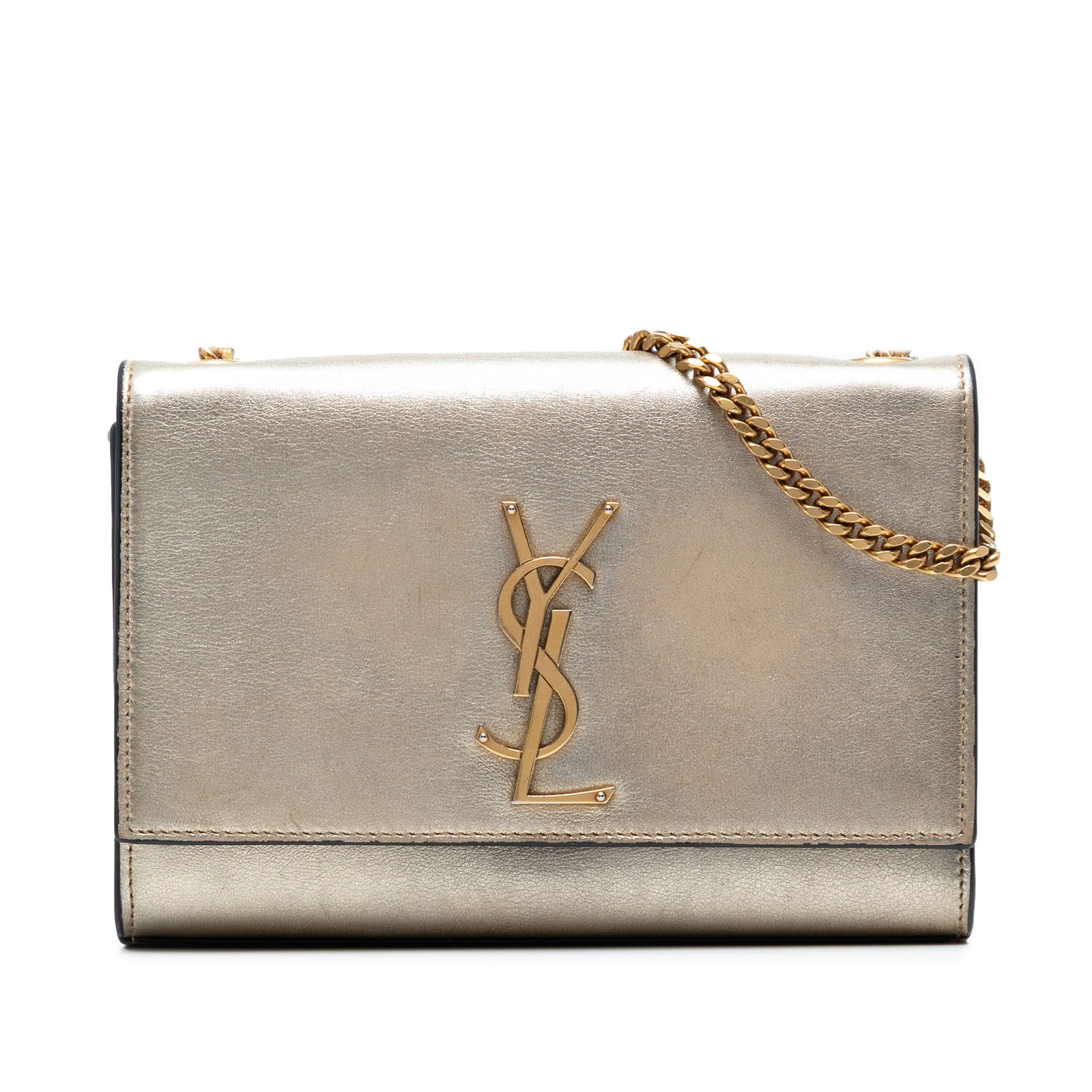 Saint Laurent Gold Metallic Calfskin Monogram Kate Crossbody Bag: Saint Laurent Gold Metallic Calfskin Monogram Kate Crossbody Bag This stylish Saint Laurent Small Metallic Calfskin Monogram Kate Crossbody bag showcases a chic metallic leather exterior in a stunning