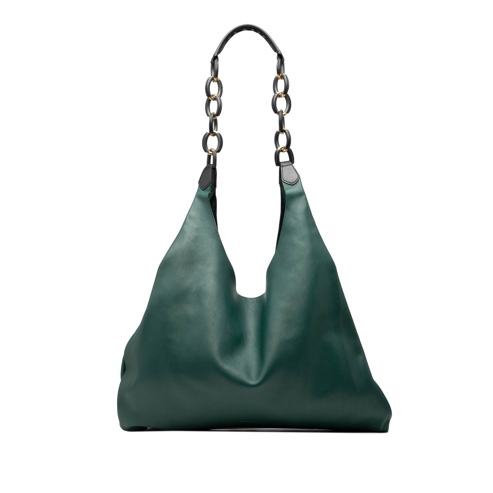 Burberry Soft Leather Green Hobo Shopper with Wrapped Chain Strap: Burberry Soft Leather Green Hobo Shopper with Wrapped Chain Strap This Burberry Soft Leather Wrapped Chain Shopper Hobo features a green leather body with a wrapped chain link strap and leather guard.