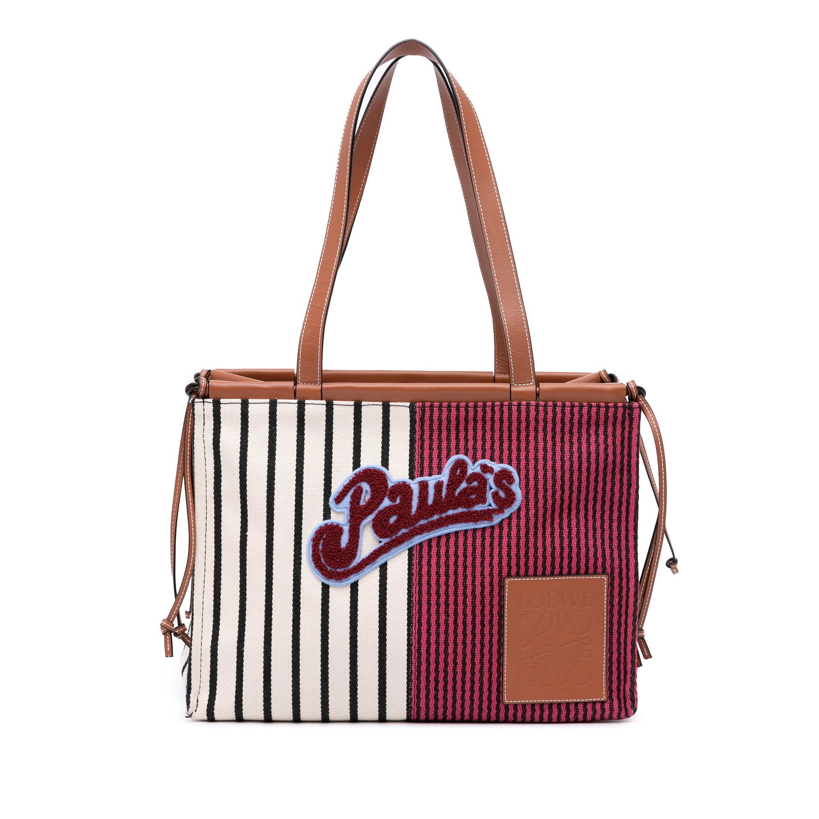 LOEWE Paulas Ibiza Red Canvas Tote with Leather Trim: LOEWE Paulas Ibiza Red Canvas Tote with Leather Trim Introducing the LOEWE Paulas Ibiza Large Canvas Stripes Cushion Tote, a stylish and functional accessory ideal for daily use. This eye-catching tot