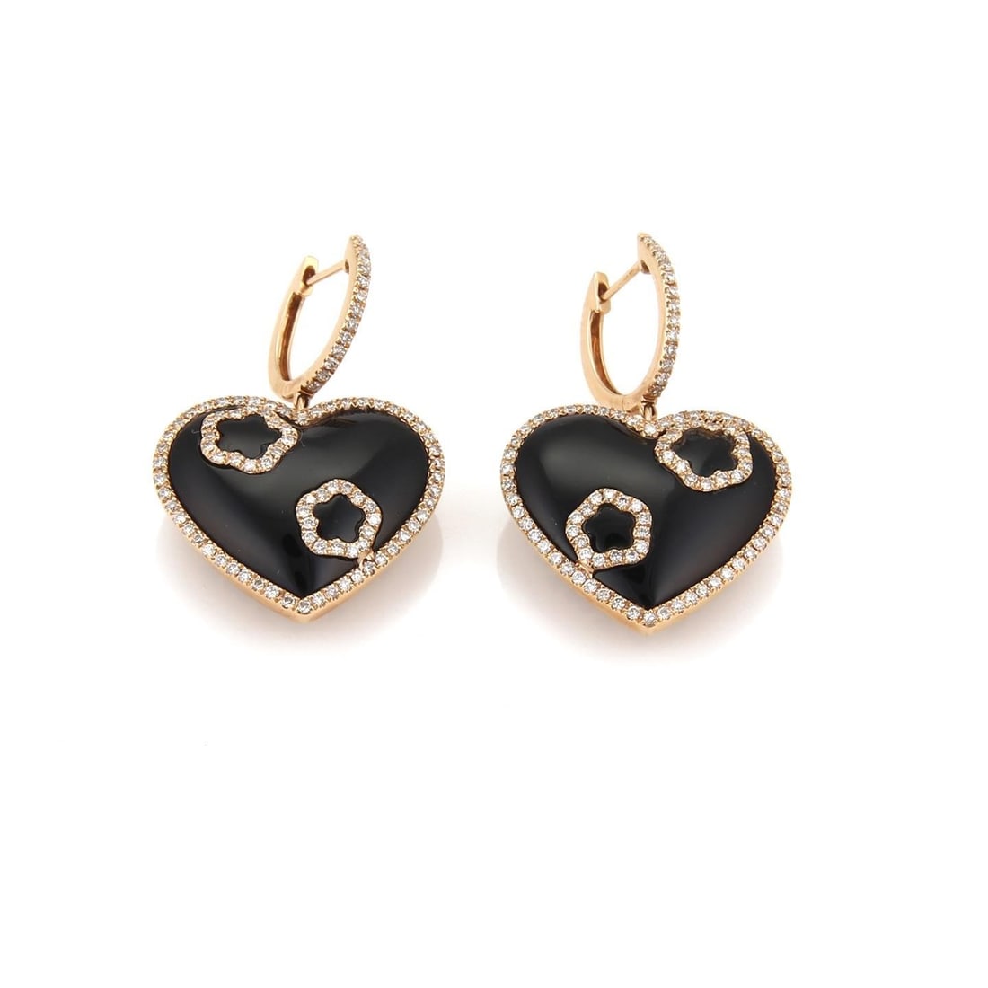 18k Rose Gold Heart Dangle Earrings with Diamond and Black Onyx: 18k Rose Gold Heart Dangle Earrings with Diamond and Black Onyx Elevate your elegance with these stunning 18k rose gold heart dangle earrings. Expertly crafted, these earrings feature a polished finis