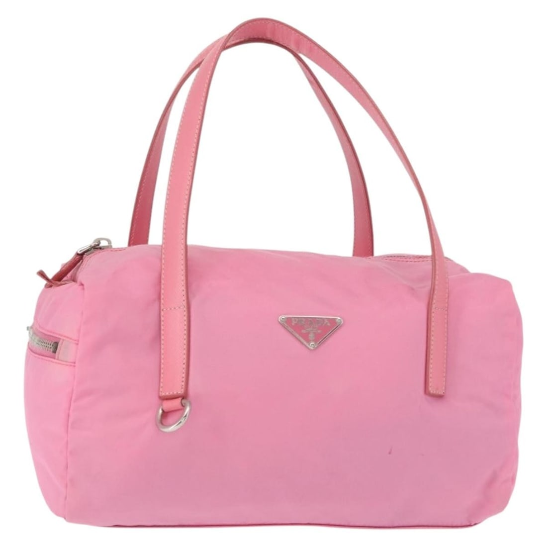 Pink Convertible Duffle Handbag with Side Pockets by Prada: Pink Convertible Duffle Handbag with Side Pockets by Prada This pre-owned Prada side pocket convertible duffle bag is crafted in pink leather and designed for female use. The bag shows signs of use, i