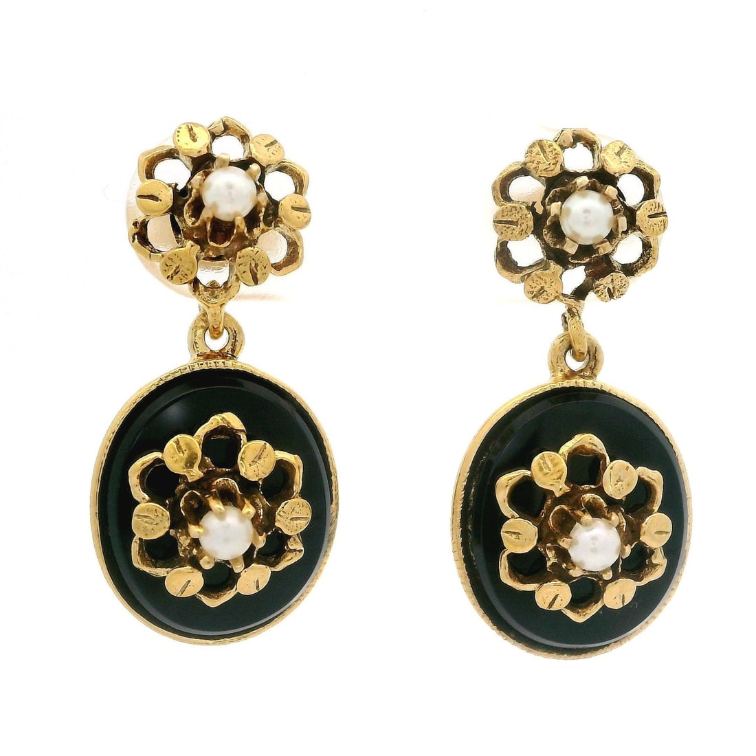Victorian Revival 14k Yellow Gold Onyx Pearl Dangle Earrings: Victorian Revival 14k Yellow Gold Onyx Pearl Dangle Earrings Elevate your style with these exquisite Vintage Victorian Revival drop earrings, expertly crafted from solid 14k yellow gold. Featuring two