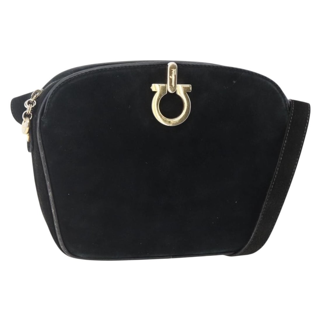Gancini Black Shoulder Bag by Salvatore Ferragamo: Gancini Black Shoulder Bag by Salvatore Ferragamo This pre-owned Salvatore Ferragamo Gancini shoulder bag features a black exterior with signs of use, including rubbing and slight stains on the surfac