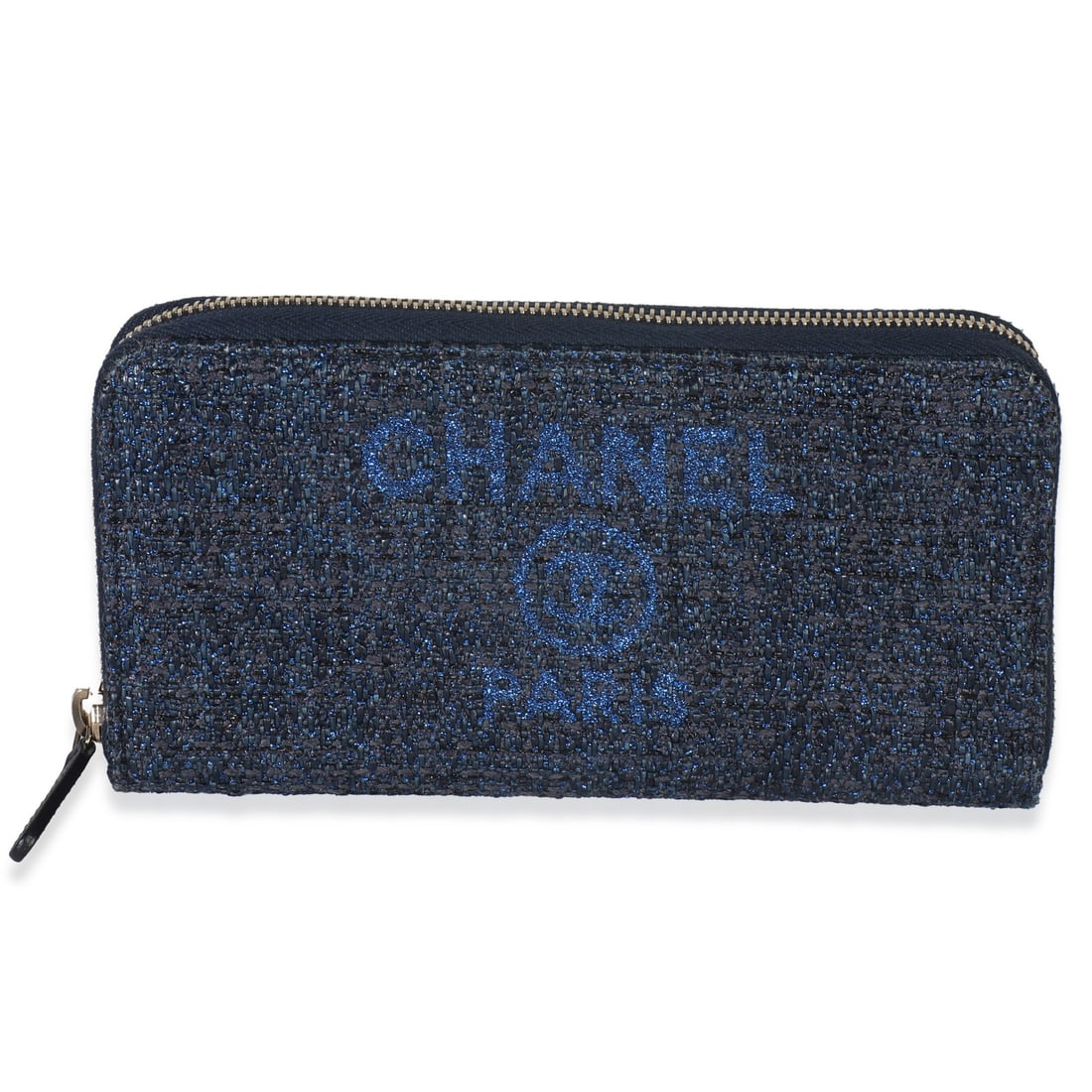 Blue Canvas Deauville Zip Around Wallet by Chanel with Lurex Metallic Finish: Blue Canvas Deauville Zip Around Wallet by Chanel with Lurex Metallic Finish This Chanel Deauville Zip Around Wallet features blue metallic lurex canvas with a zip-around closure and champagne gold-to