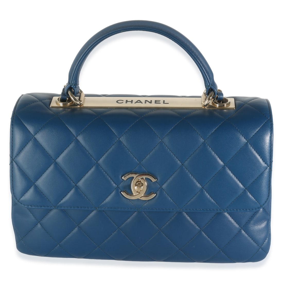 Chanel Navy Quilted Lambskin Medium Trendy Top Handle Bag with Gold-Tone Hardware: Chanel Navy Quilted Lambskin Medium Trendy Top Handle Bag with Gold-Tone Hardware Discover the elegance of the Chanel Navy Quilted Lambskin Medium Trendy Top Handle Bag, crafted from premium leather