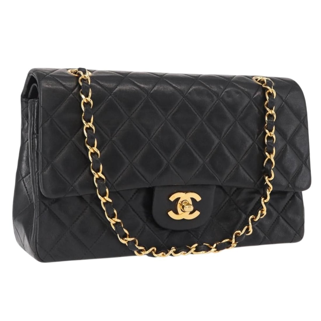 CHANEL Black Gold Lamb Skin Chain Matelasse 25 Shoulder Bag Auth: CHANEL Black Gold Lamb Skin Chain Matelasse 25 Shoulder Bag Auth This exquisite CHANEL Chain Matelasse 25 Shoulder Bag combines luxury and elegance, crafted from premium lamb skin in a classic black a