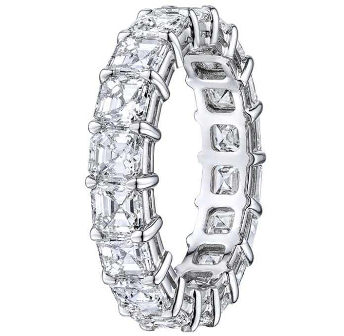 Rachel Koen Platinum 8.13ct Asscher Cut Diamond Eternity Band IGI Certified: Rachel Koen Platinum 8.13ct Asscher Cut Diamond Eternity Band IGI Certified Elevate your jewelry collection with this stunning Rachel Koen Platinum Asscher Cut Diamond Eternity Band. This exquisite ri
