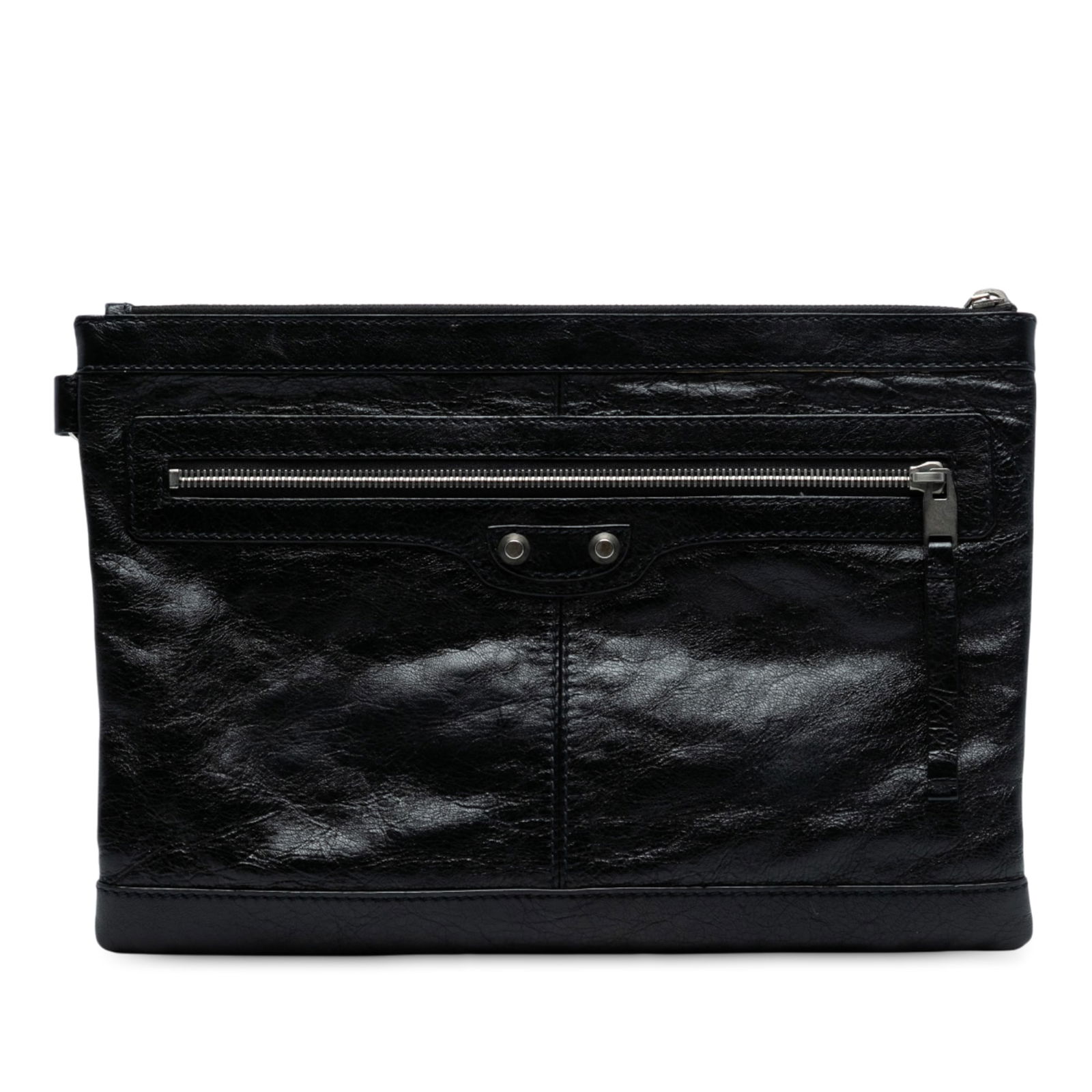 Balenciaga Lambskin Motocross Classic Clip M Clutch Bag Black: Balenciaga Lambskin Motocross Classic Clip M Clutch Bag Black This Balenciaga Lambskin Motocross Classic Clip M Clutch is a stylish accessory crafted from high-quality leather. It features a top zip c