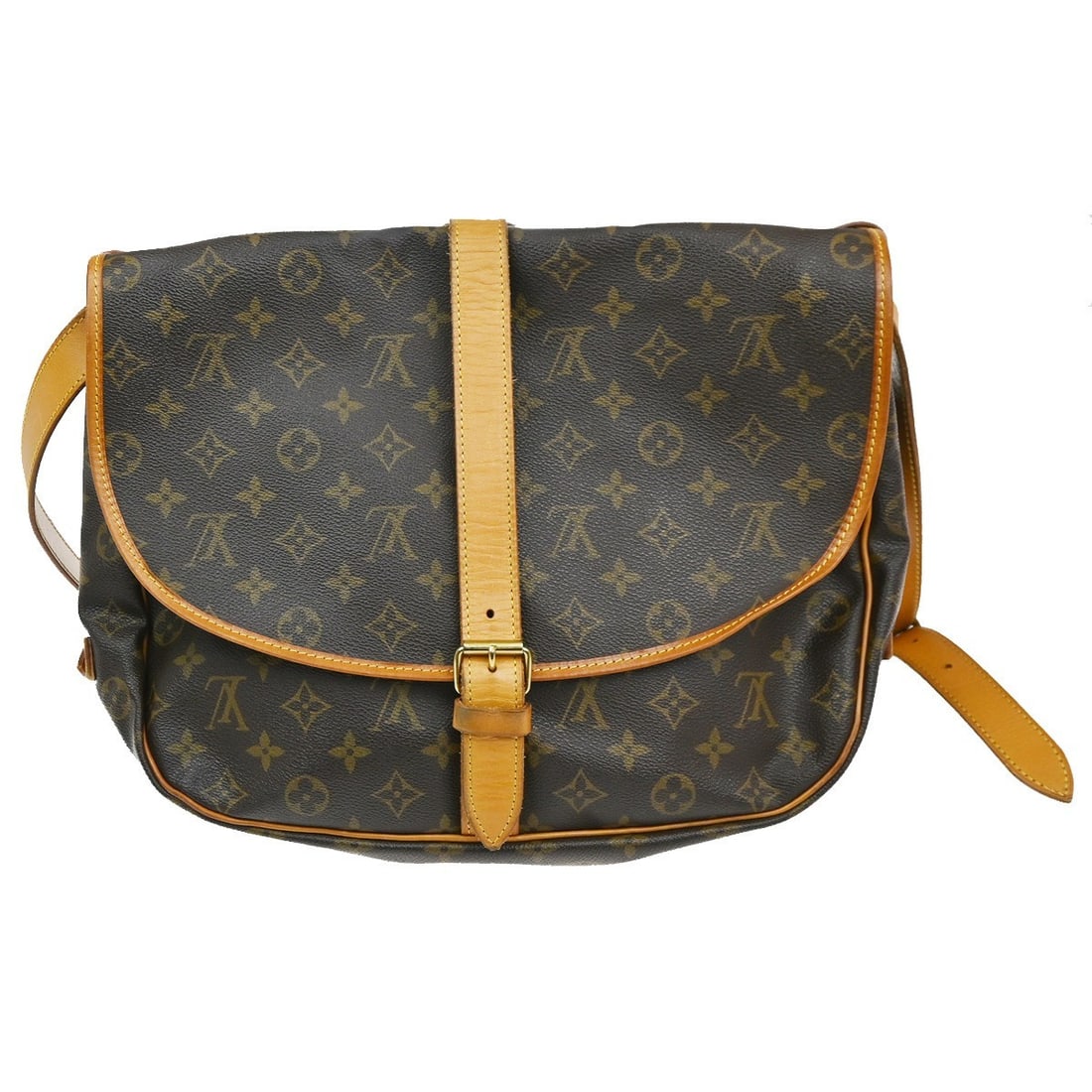 Louis Vuitton Saumur Shoulder Bag Pre-Owned Brown: Louis Vuitton Saumur Shoulder Bag Pre-Owned Brown This pre-owned Louis Vuitton Saumur shoulder bag features a classic brown exterior with noticeable signs of use, including scuffs, dirt, and scratches