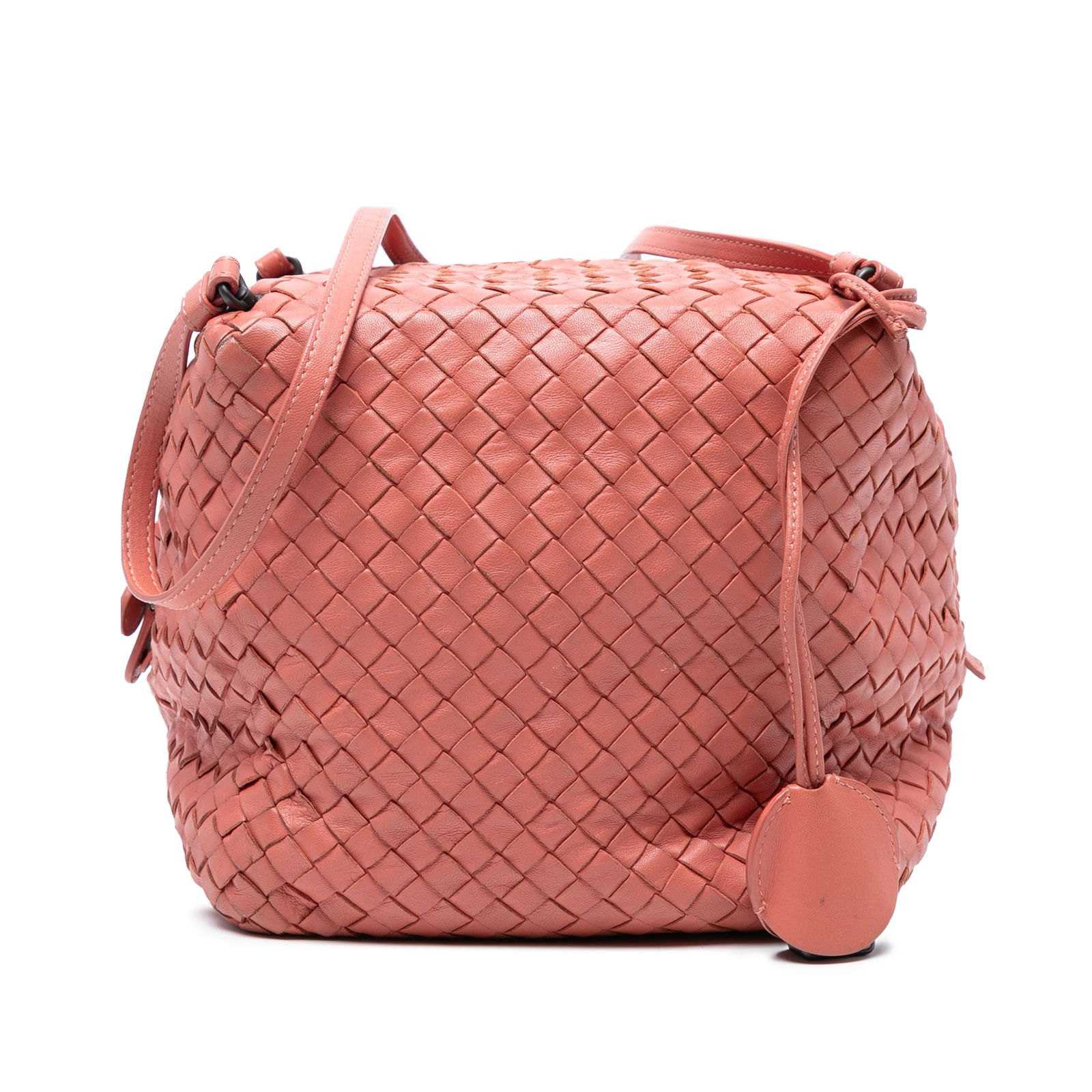 Bottega Veneta Pink Nappa Intrecciato Cube Crossbody Bag: Bottega Veneta Pink Nappa Intrecciato Cube Crossbody Bag This Bottega Veneta Nappa Intrecciato Cube Crossbody bag showcases exquisite craftsmanship with its woven nappa leather body. It features flat