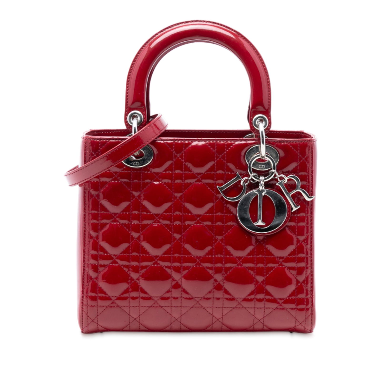 Dior Lady Dior Cannage Medium Red Patent Leather Shoulder Bag: Dior Lady Dior Cannage Medium Red Patent Leather Shoulder Bag This Medium Patent Cannage Lady Dior handbag features a quilted red patent leather exterior, flat leather top handles, a detachable flat l