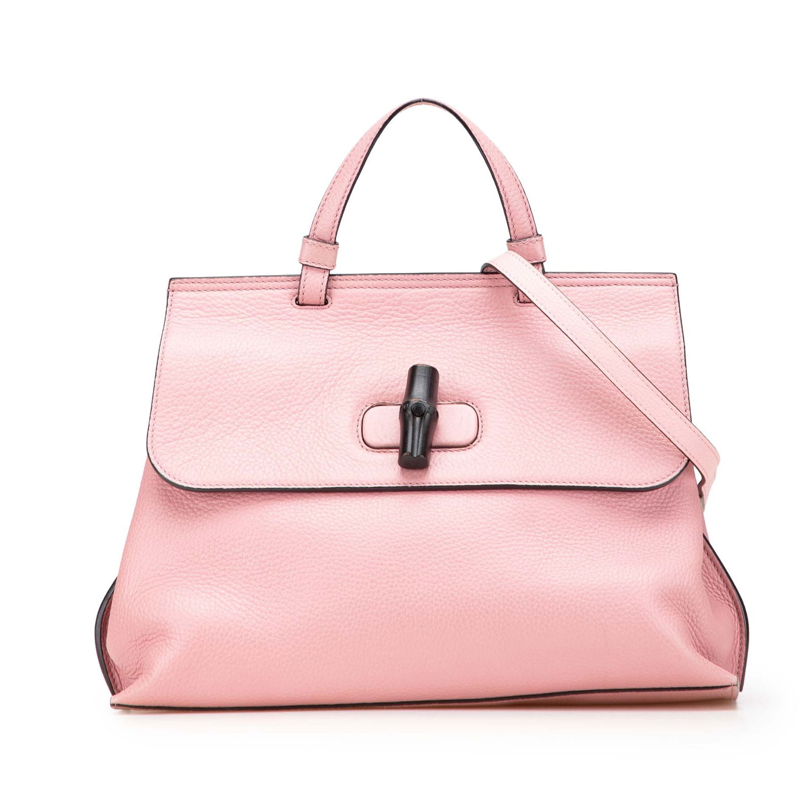 Gucci Medium Leather Bamboo Daily Satchel in Pink with Bamboo Twist Lock: Gucci Medium Leather Bamboo Daily Satchel in Pink with Bamboo Twist Lock Introducing the Gucci Medium Leather Bamboo Daily Satchel, a stylish and practical accessory crafted in Italy. This elegant sat