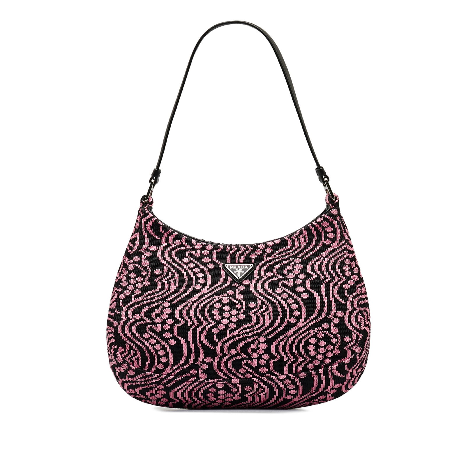 Prada Maglia Jacquard Knit Cleo Bag in Pink with Leather Trim: Prada Maglia Jacquard Knit Cleo Bag in Pink with Leather Trim Introducing the Prada Maglia Jacquard Knit Cleo Bag, a stylish and practical accessory crafted with a jacquard knit body complemented by l