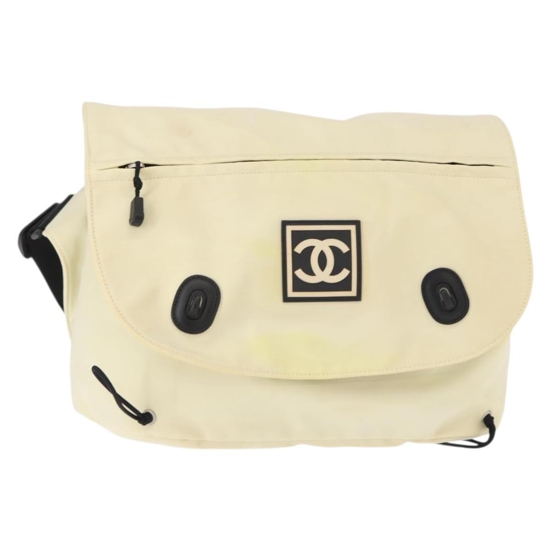 Chanel Ivory Sports Line Shoulder Bag with Strap: Chanel Ivory Sports Line Shoulder Bag with Strap This pre-owned Chanel Sports Line shoulder bag in ivory is designed for women and features a spacious silhouette. The bag shows signs of use, including