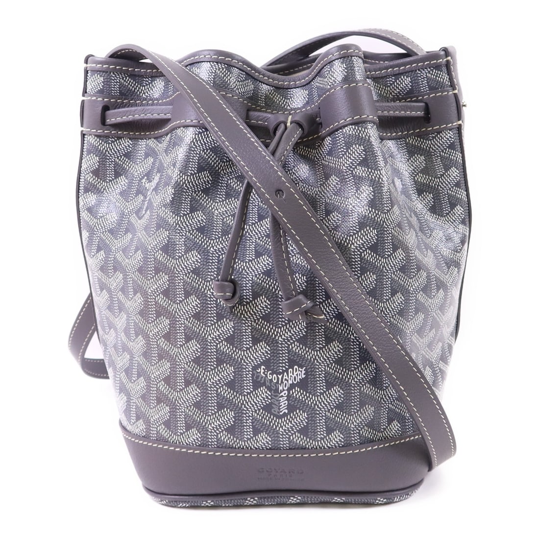 GOYARD Petit Flot PM Gray PVC Coated Canvas Shoulder Bag: GOYARD Petit Flot PM Gray PVC Coated Canvas Shoulder Bag This GOYARD Petit Flot PM Bucket Shoulder Bag is a stylish and functional accessory crafted from durable PVC coated canvas in a sophisticated g