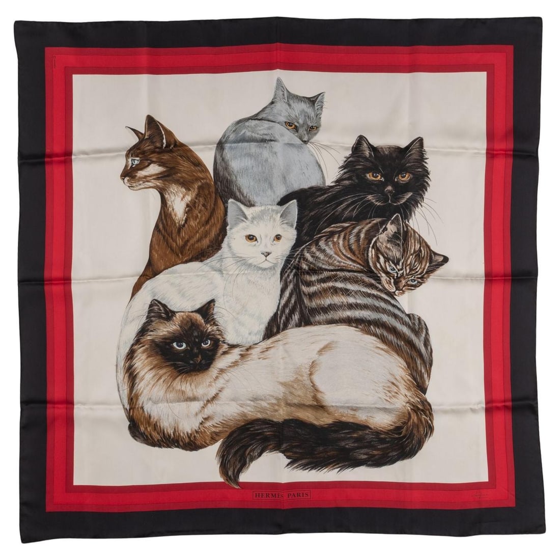 Hermes Les Chats Black Red Silk Scarf 35x35 inches: Hermes Les Chats Black Red Silk Scarf 35x35 inches Elevate your accessory collection with this exquisite Hermes "Les Chats" silk scarf, designed by Daphne Duchesne. Crafted from 100% silk, this scarf