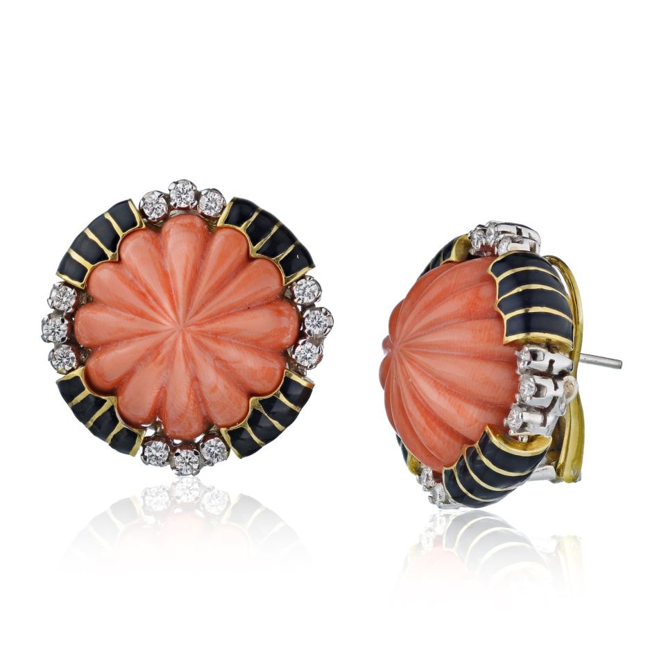 David Webb Coral Diamond Earrings Platinum 18K Gold Black Enamel: David Webb Coral Diamond Earrings Platinum 18K Gold Black Enamel Exquisite David Webb earrings crafted from platinum and 18K yellow gold. These stunning earrings feature a beautifully fluted carved co