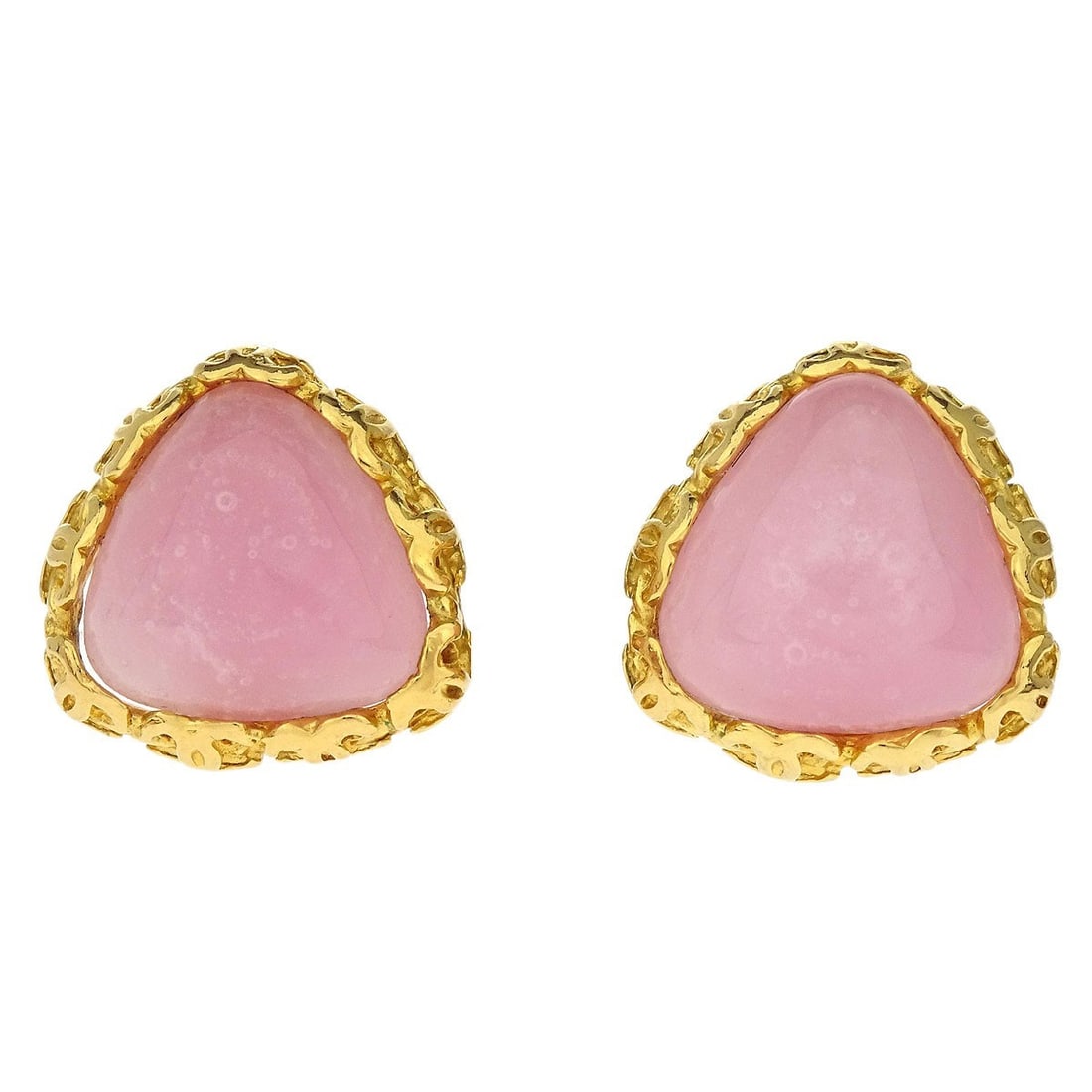 Gold Plated Triangle Clip-On Earrings by Chanel Logo Design: Gold Plated Triangle Clip-On Earrings by Chanel Logo Design These Chanel triangle clip-on earrings feature a gold-plated finish and showcase the iconic logo design. They have a secure clip-on closure
