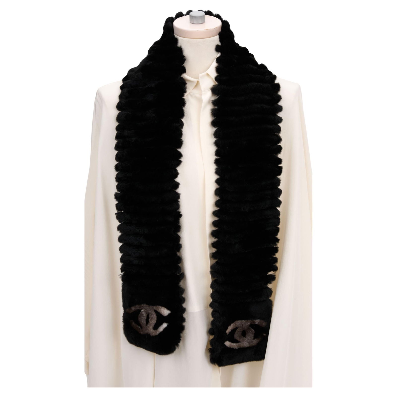 Chanel CC Scarf Black Grey Orylag Fur Cashmere 52 in (1 of 5)