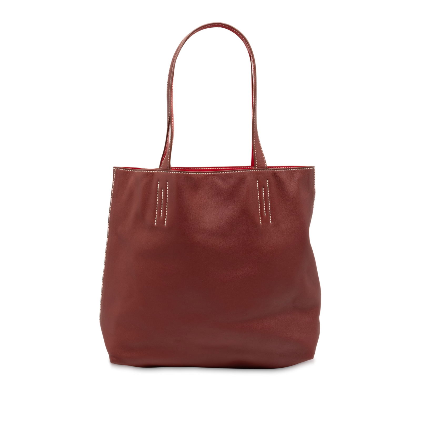 Hermes Double Sens 28 Reversible Leather Tote Rouge H Rouge Casaque: Hermes Double Sens 28 Reversible Leather Tote Rouge H Rouge Casaque This Hermes Veau Sikkim Double Sens 28 is a reversible tote bag crafted from Sikkim leather in Rouge H and Rouge Casaque colors. It
