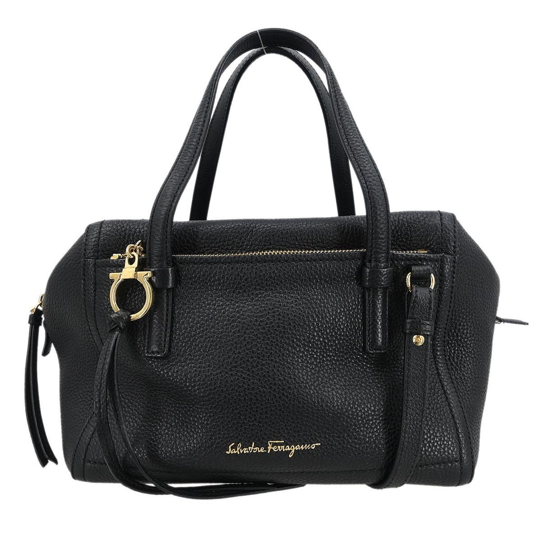 Gancini Black Handbag by Salvatore Ferragamo: Gancini Black Handbag by Salvatore Ferragamo This pre-owned Salvatore Ferragamo Gancini handbag is crafted in black and features metal fittings. It is designed for women and remains in good overall co