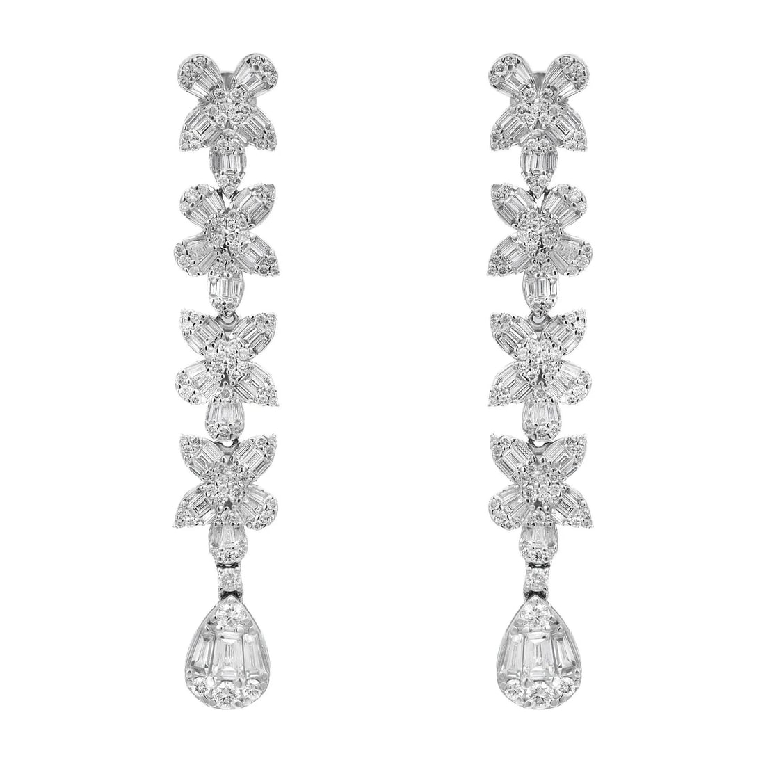 Rachel Koen 14K White Gold Floral Drop Earrings 3.2CT Diamonds: Rachel Koen 14K White Gold Floral Drop Earrings 3.2CT Diamonds These exquisite long drop floral earrings showcase the elegance of 14K white gold, featuring a stunning arrangement of four flowers embel