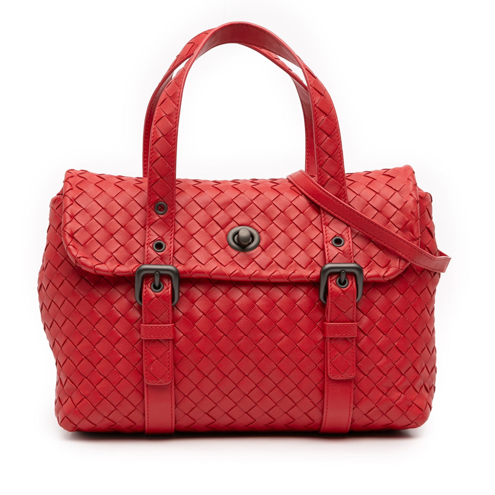 Red Leather Satchel with Woven Flap by Bottega Veneta (1 of 13)