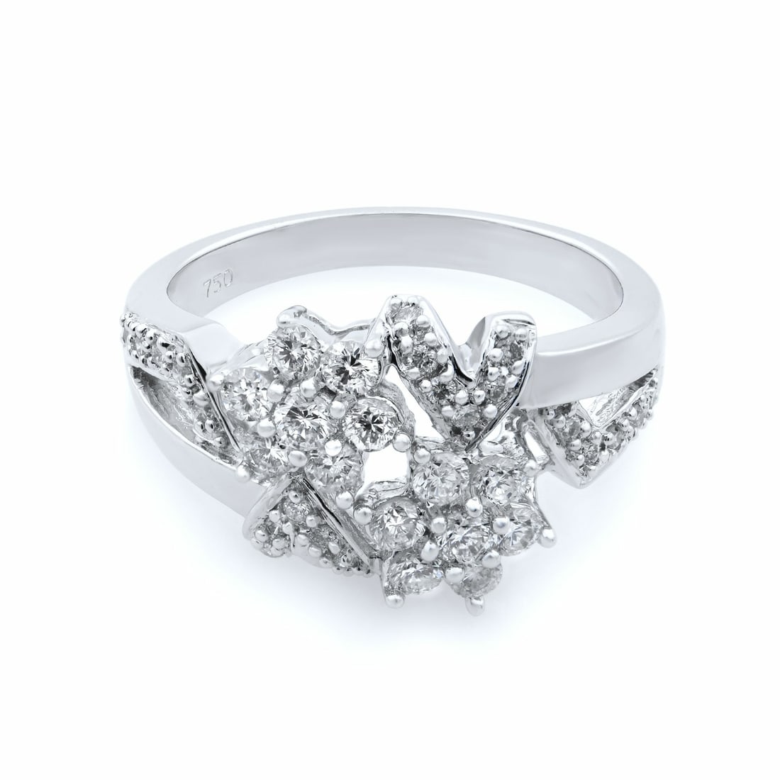 Rachel Koen 18K White Gold Diamond Cocktail Ring 0.75ct Size 7: Rachel Koen 18K White Gold Diamond Cocktail Ring 0.75ct Size 7 This exquisite cocktail ring by Rachel Koen is crafted from 18K white gold and features a stunning arrangement of round brilliant cut dia