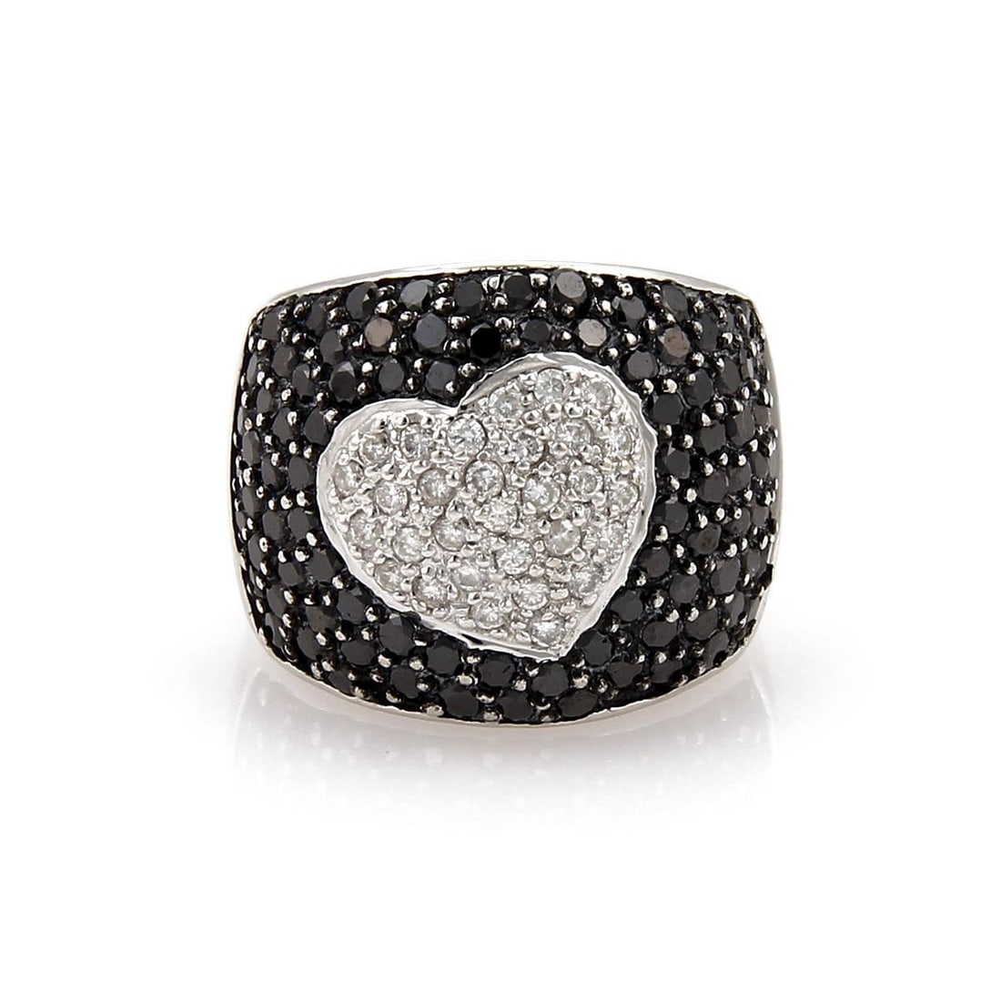 18k White Gold Heart Dome Ring with Black and White Diamonds: 18k White Gold Heart Dome Ring with Black and White Diamonds This stunning estate ring features a wide dome band crafted from 18k white gold. The ring showcases a heart-shaped center adorned with spar