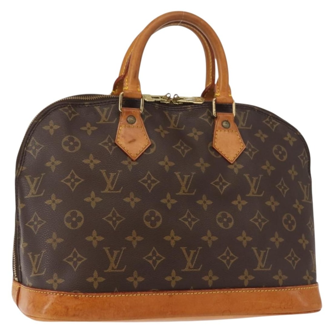 Vintage Alma Brown Handbag by Louis Vuitton: Vintage Alma Brown Handbag by Louis Vuitton This pre-owned Louis Vuitton Monogram Alma handbag features the classic brown monogram canvas with leather accents. The handbag shows signs of use, includin