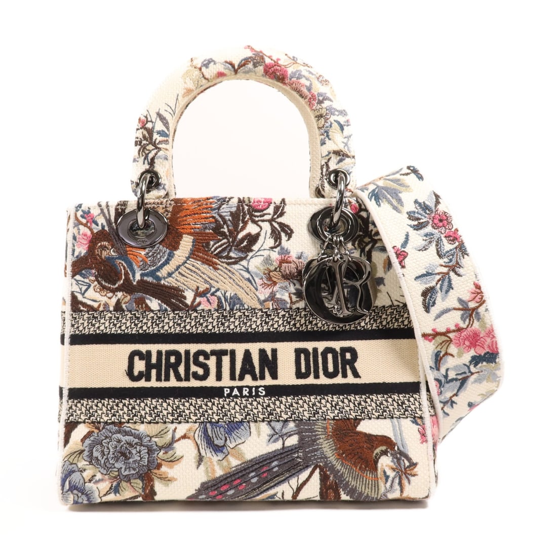 Dior Lady Dior Medium 2 Way Bag M0565 Canvas Beige Multicolor: Dior Lady Dior Medium 2 Way Bag M0565 Canvas Beige Multicolor This Christian Dior 2 Way Lady Dior Medium Bag showcases a stylish blend of beige and multicolor canvas, making it an ideal accessory for