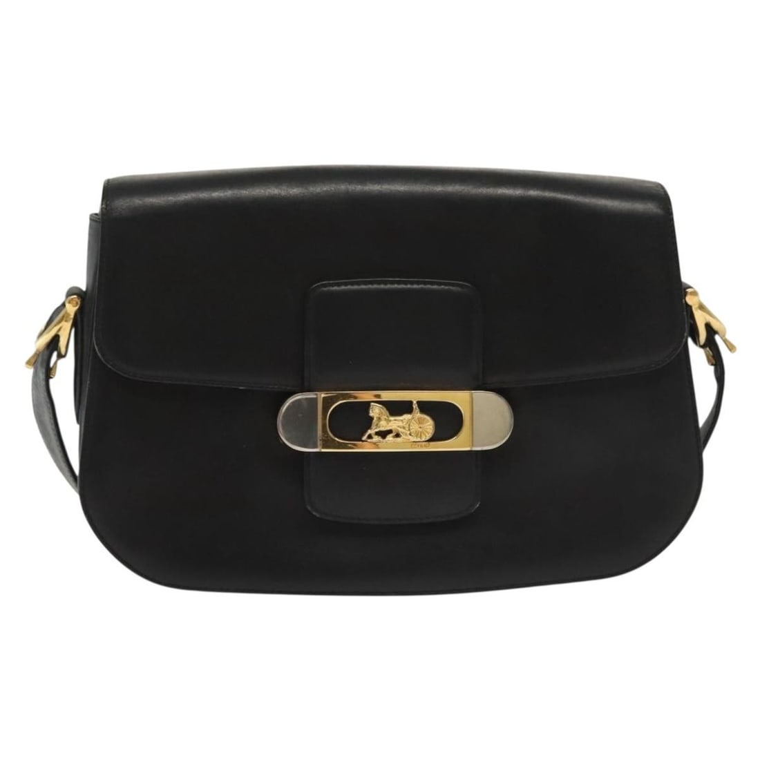 Black Celine Shoulder Bag with Horse Carriage Detail: Black Celine Shoulder Bag with Horse Carriage Detail This Celine Horse Carriage shoulder bag features a black exterior with noticeable rubbing, slight shape loss, and scratches on the surface. The sho