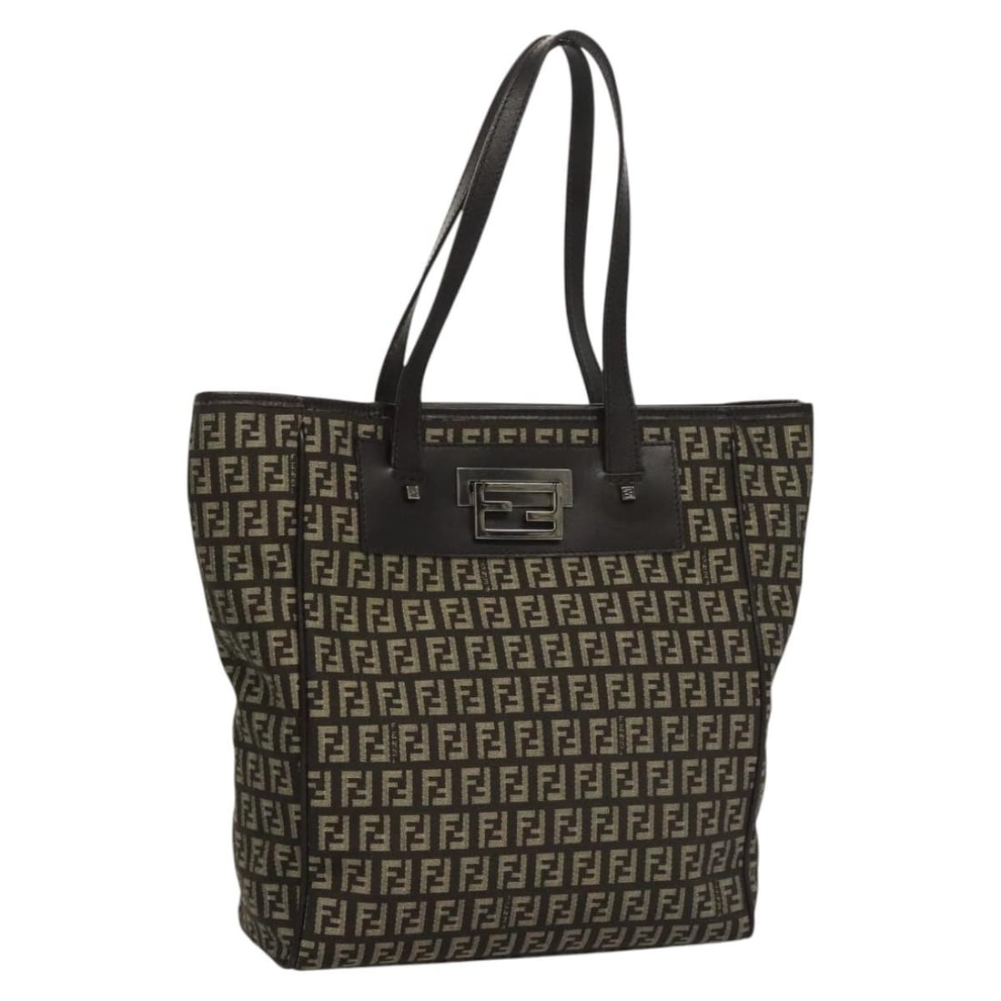 Vintage Fendi Brown Tote Bag with Flip Lock Closure: Vintage Fendi Brown Tote Bag with Flip Lock Closure This Fendi vintage flip lock tote bag is crafted in brown leather and designed for women. The exterior shows some signs of wear, including rubbing,