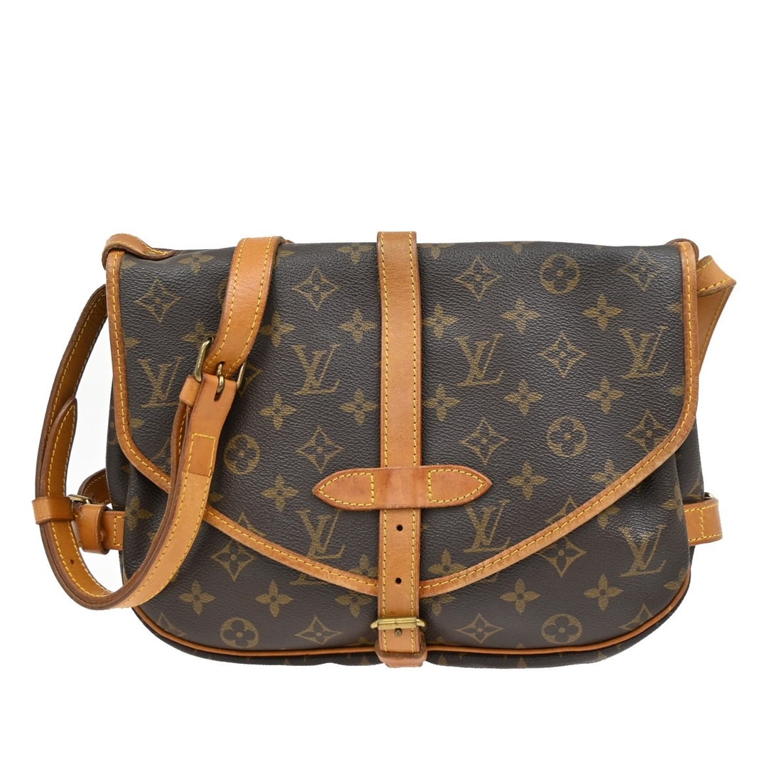 Saumur 30 Shoulder Bag by Louis Vuitton in Brown: Saumur 30 Shoulder Bag by Louis Vuitton in Brown This pre-owned Louis Vuitton Saumur 30 shoulder bag features a brown exterior and is designed for female use. The bag shows noticeable signs of use, in