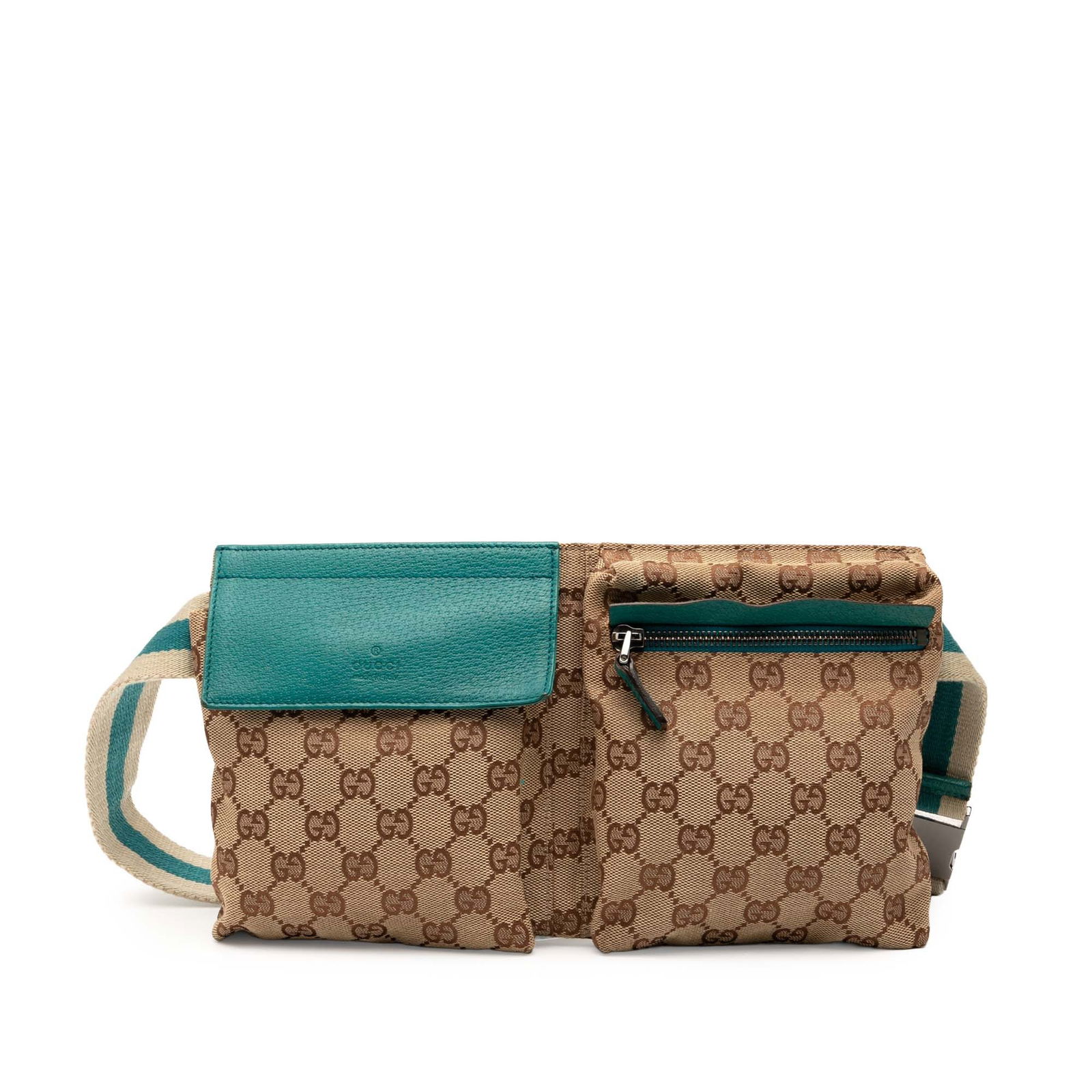 Gucci GG Canvas Web Double Pocket Belt Bag Brown Fabric Italy: Gucci GG Canvas Web Double Pocket Belt Bag Brown Fabric Italy This Gucci GG Canvas Web Double Pocket Belt Bag is a stylish accessory crafted from durable canvas with leather trim. It features a practi