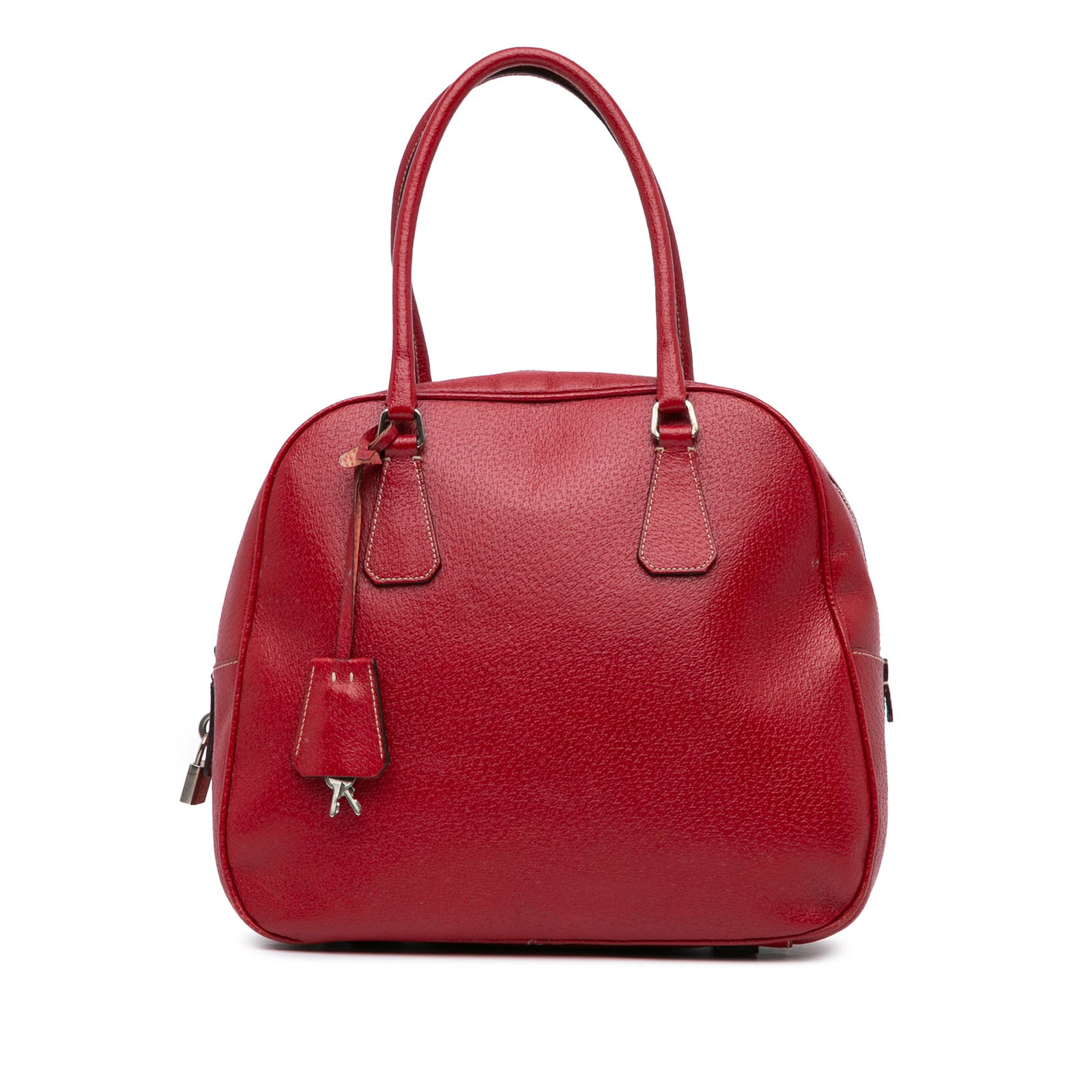 Prada Cinghiale Bauletto Red Leather Handbag Italy: Prada Cinghiale Bauletto Red Leather Handbag Italy The Prada Cinghiale Bauletto Handbag showcases a distinctive leather construction, featuring rolled leather handles and a secure top zip closure. Thi