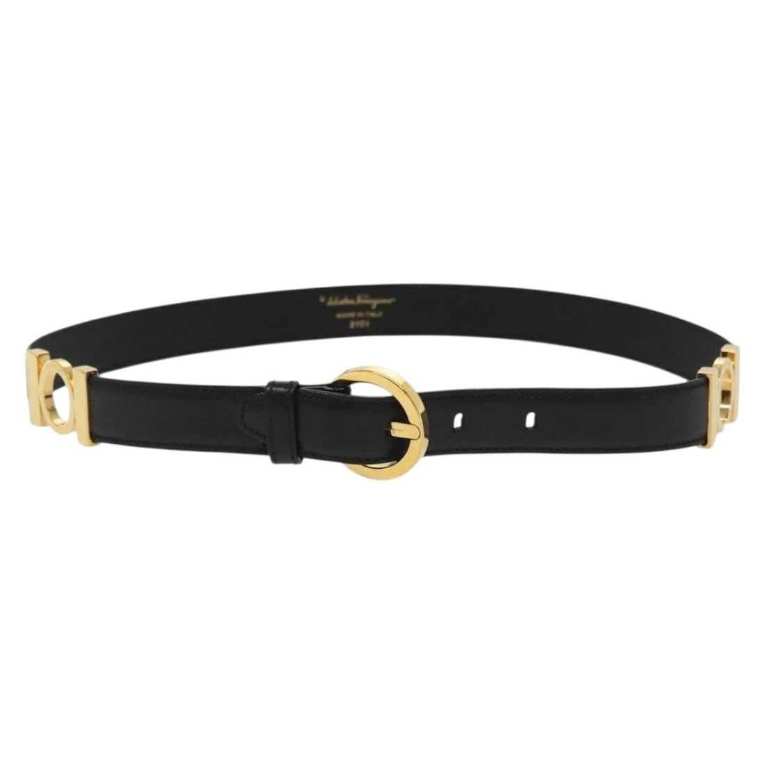 Salvatore Ferragamo Leather Belt 30.3inch Gold Black Authentic: Salvatore Ferragamo Leather Belt 30.3inch Gold Black Authentic Elevate your accessory collection with this Salvatore Ferragamo Leather Belt, crafted in Italy. Featuring a striking combination of gold