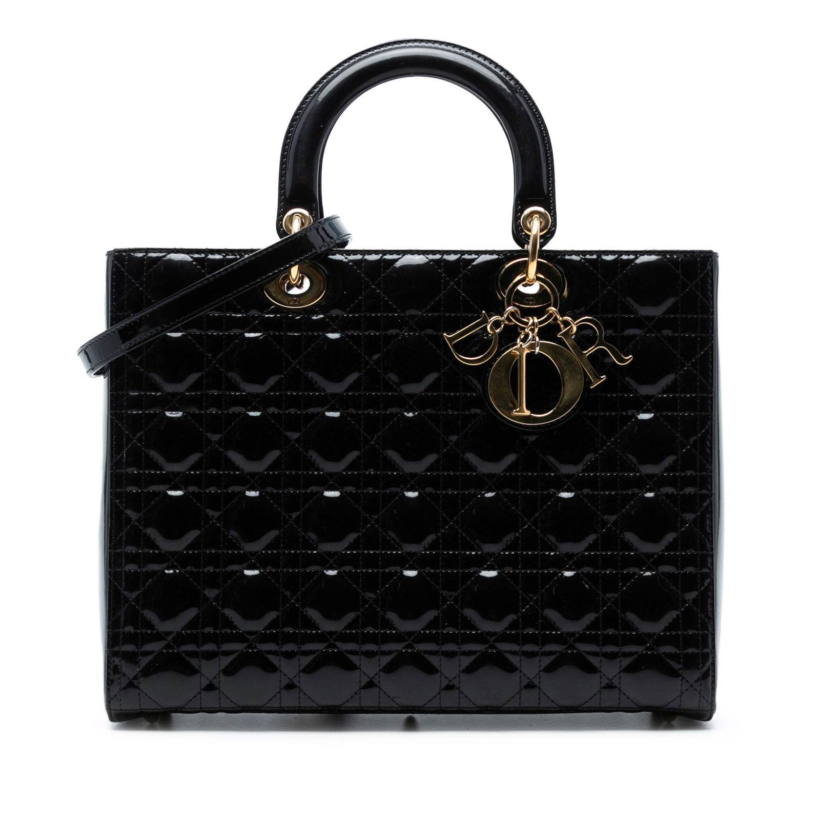 Dior Large Patent Cannage Lady Dior Black Leather Bag: Dior Large Patent Cannage Lady Dior Black Leather Bag The Large Patent Cannage Lady Dior showcases a luxurious quilted patent leather design in classic black. This sophisticated bag features flat leat