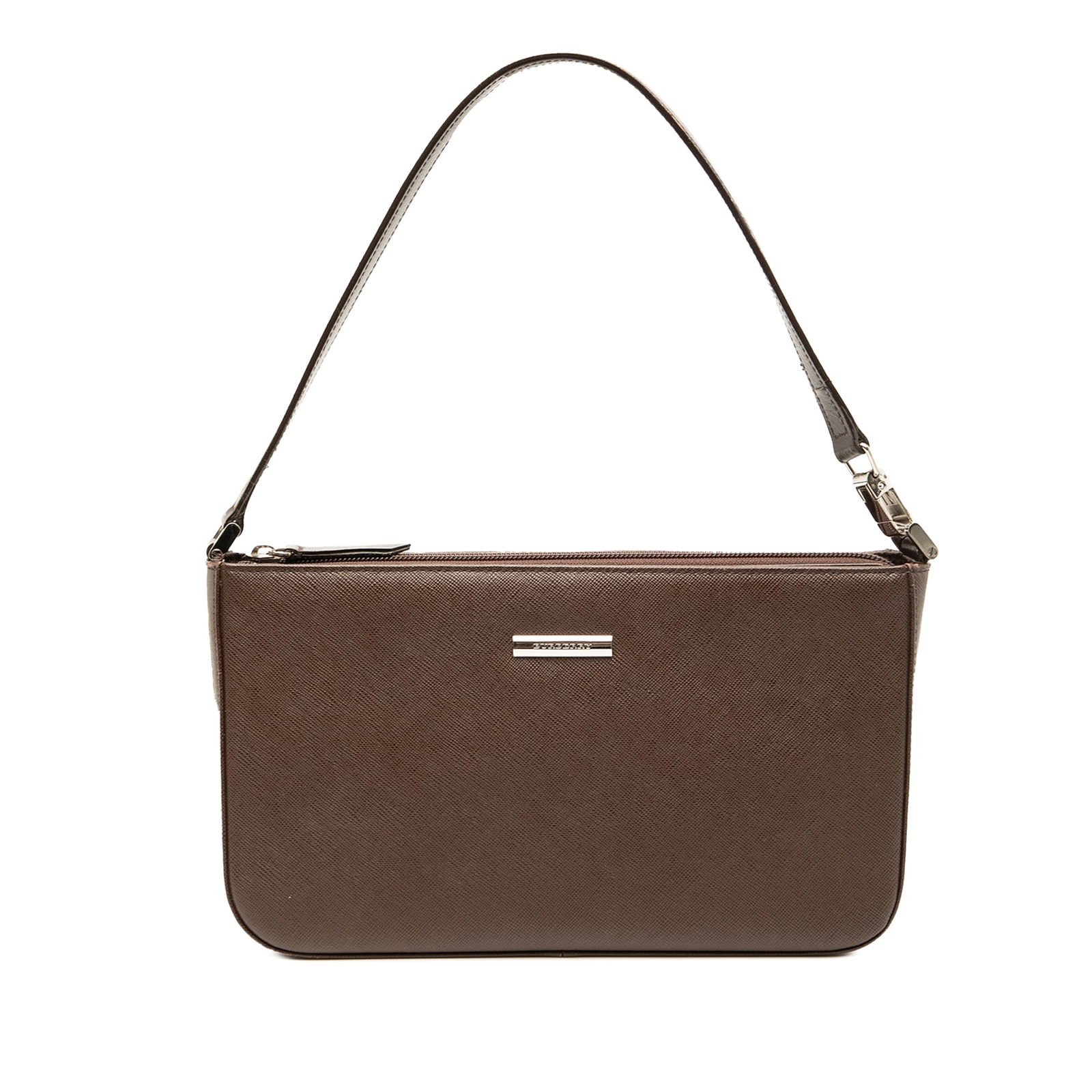 Brown Leather Shoulder Purse by Burberry: Brown Leather Shoulder Purse by Burberry This Burberry shoulder bag features a brown leather body with a flat leather strap and a top zip closure. The interior is equipped with a zip pocket for secure