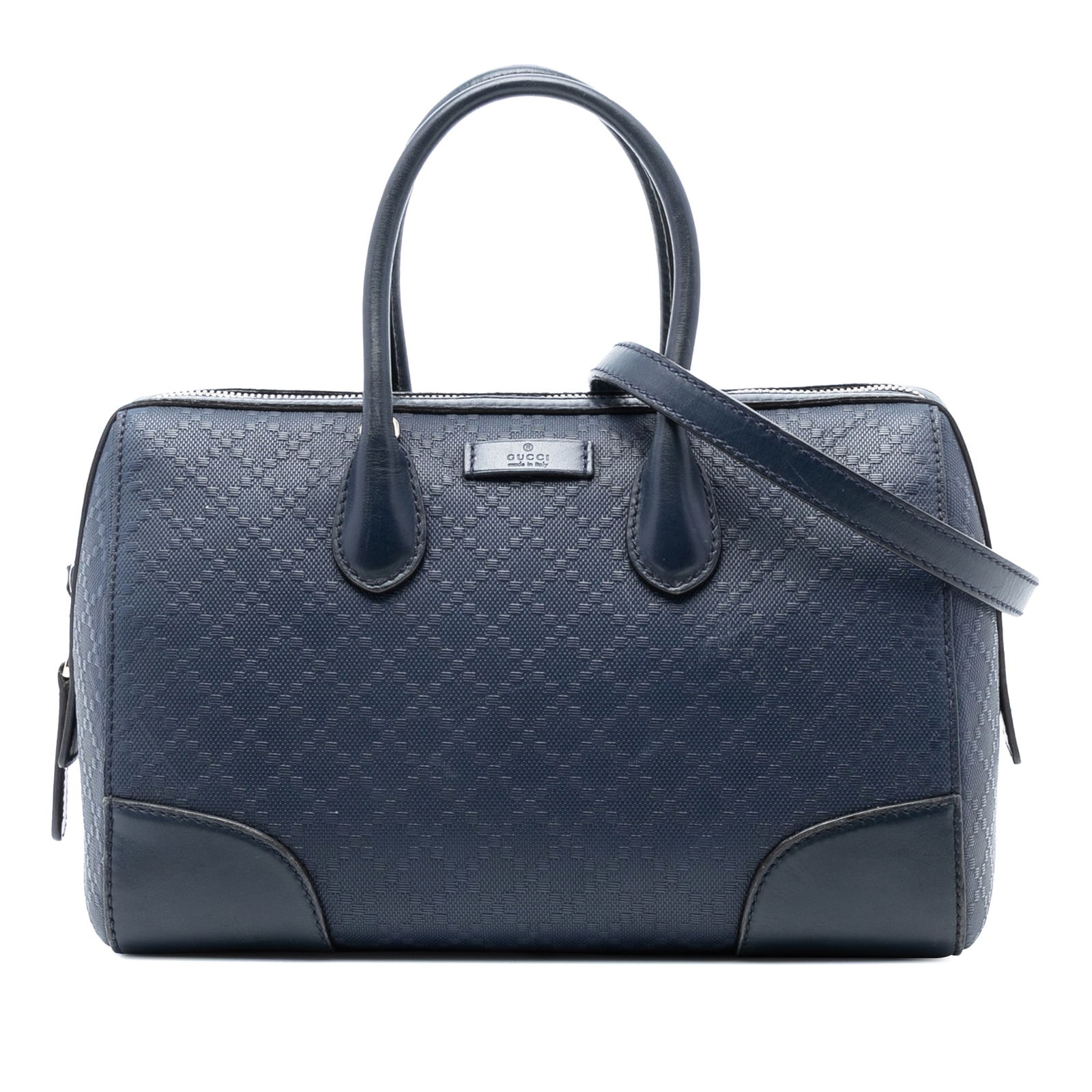 Gucci Diamante Boston Bag Blue Leather Satchel: Gucci Diamante Boston Bag Blue Leather Satchel Introducing the Gucci Diamante Leather Boston Bag, a stylish and practical accessory crafted from high-quality leather. This spacious satchel features ro
