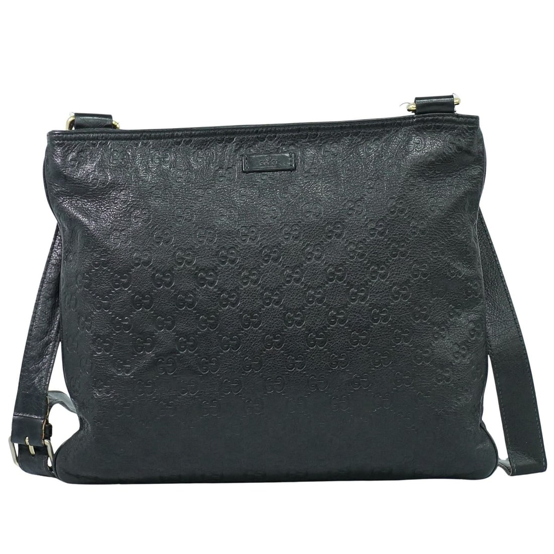 Black Gucci Shoulder Purse with Crossbody Strap: Black Gucci Shoulder Purse with Crossbody Strap This pre-owned Gucci shoulder bag features a classic black design and is intended for female use. The bag shows signs of use, including minor scuffs on