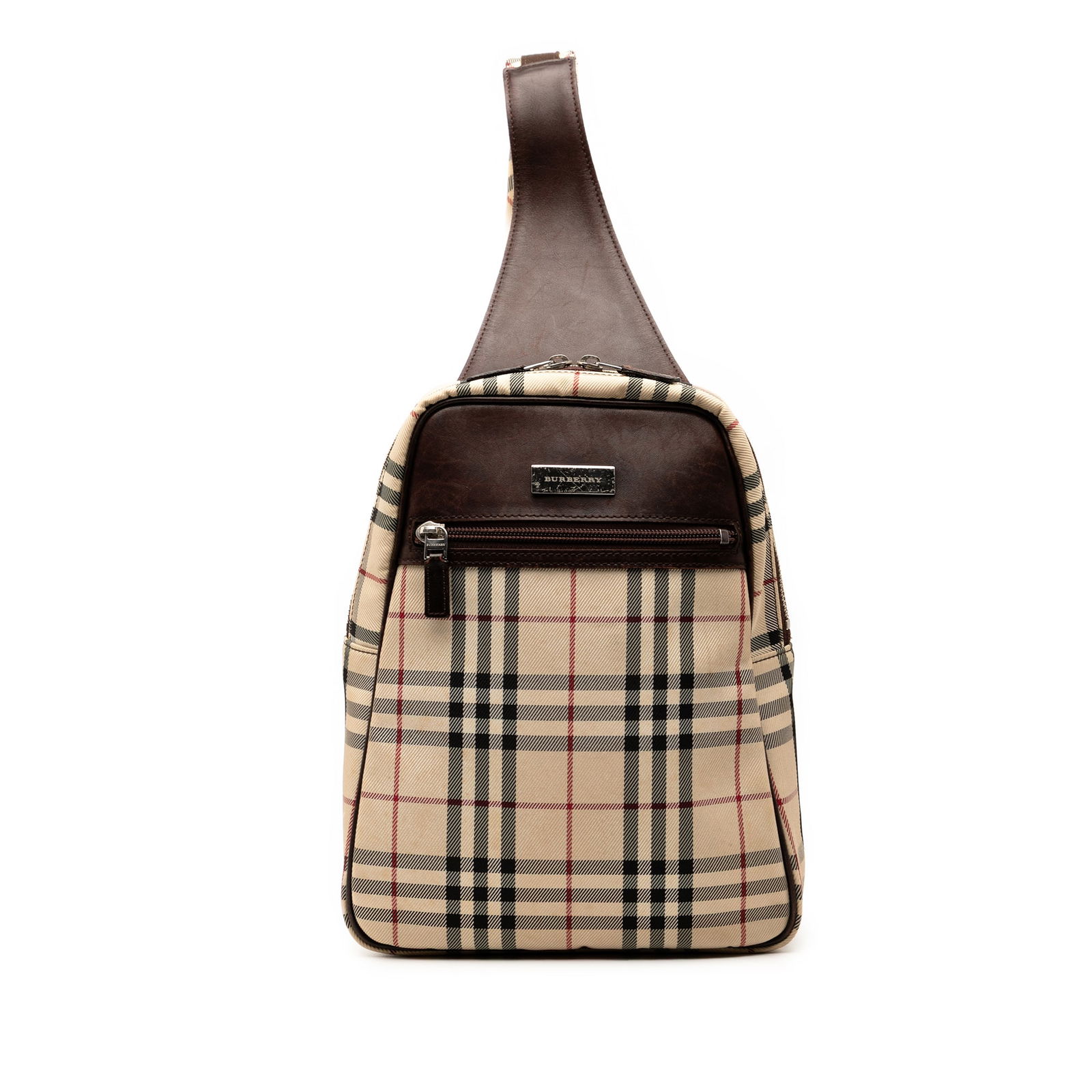 Burberry House Check Canvas Sling Backpack Brown Fabric: Burberry House Check Canvas Sling Backpack Brown Fabric Stylishly designed for both functionality and aesthetic appeal, this Burberry House Check Canvas Sling Backpack features a distinctive house che