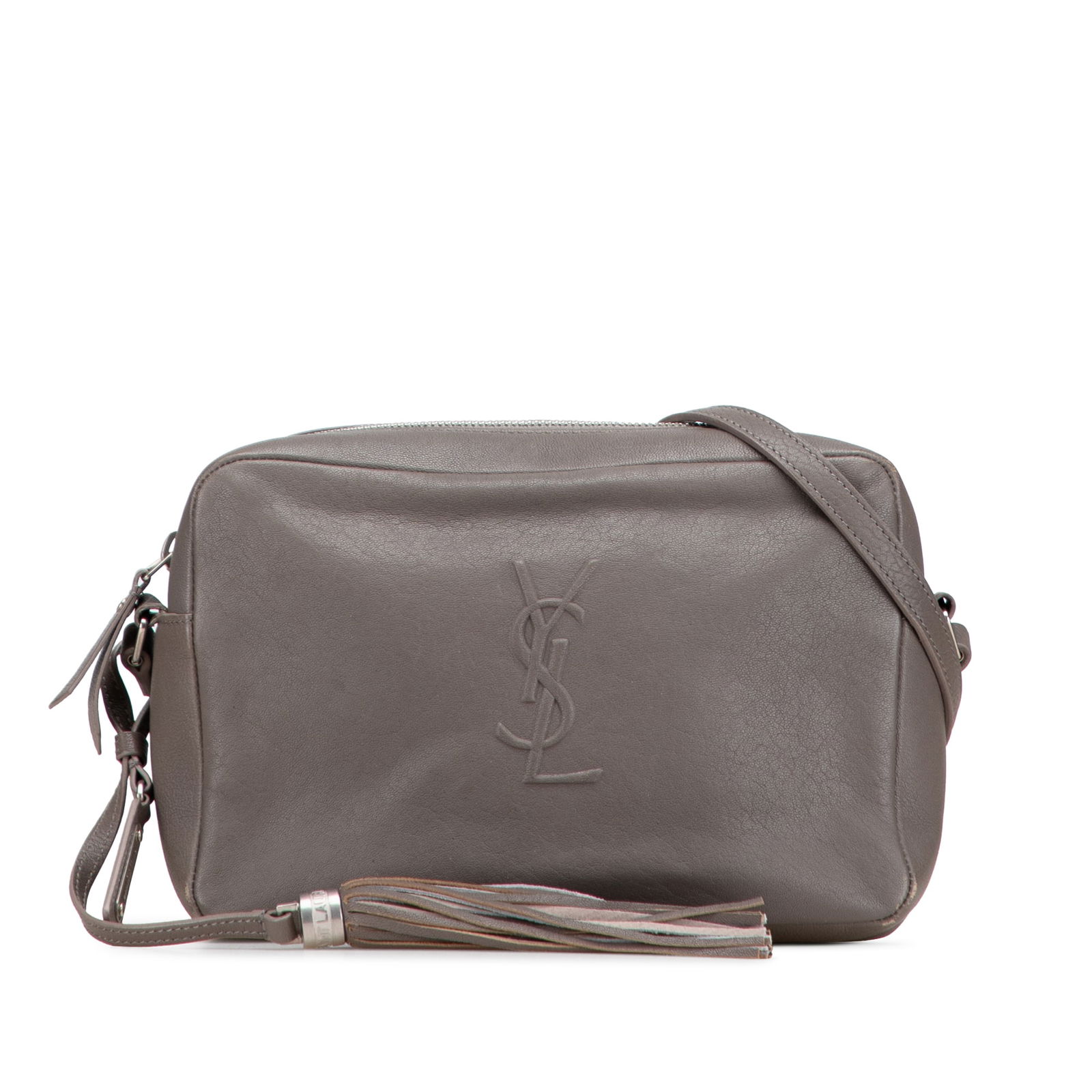 Saint Laurent Small Monogram Lou Camera Bag Gray Lambskin Leather: Saint Laurent Small Monogram Lou Camera Bag Gray Lambskin Leather Introducing the Saint Laurent Small Lambskin Monogram Lou Camera Bag, an elegant accessory crafted from premium leather. This stylish