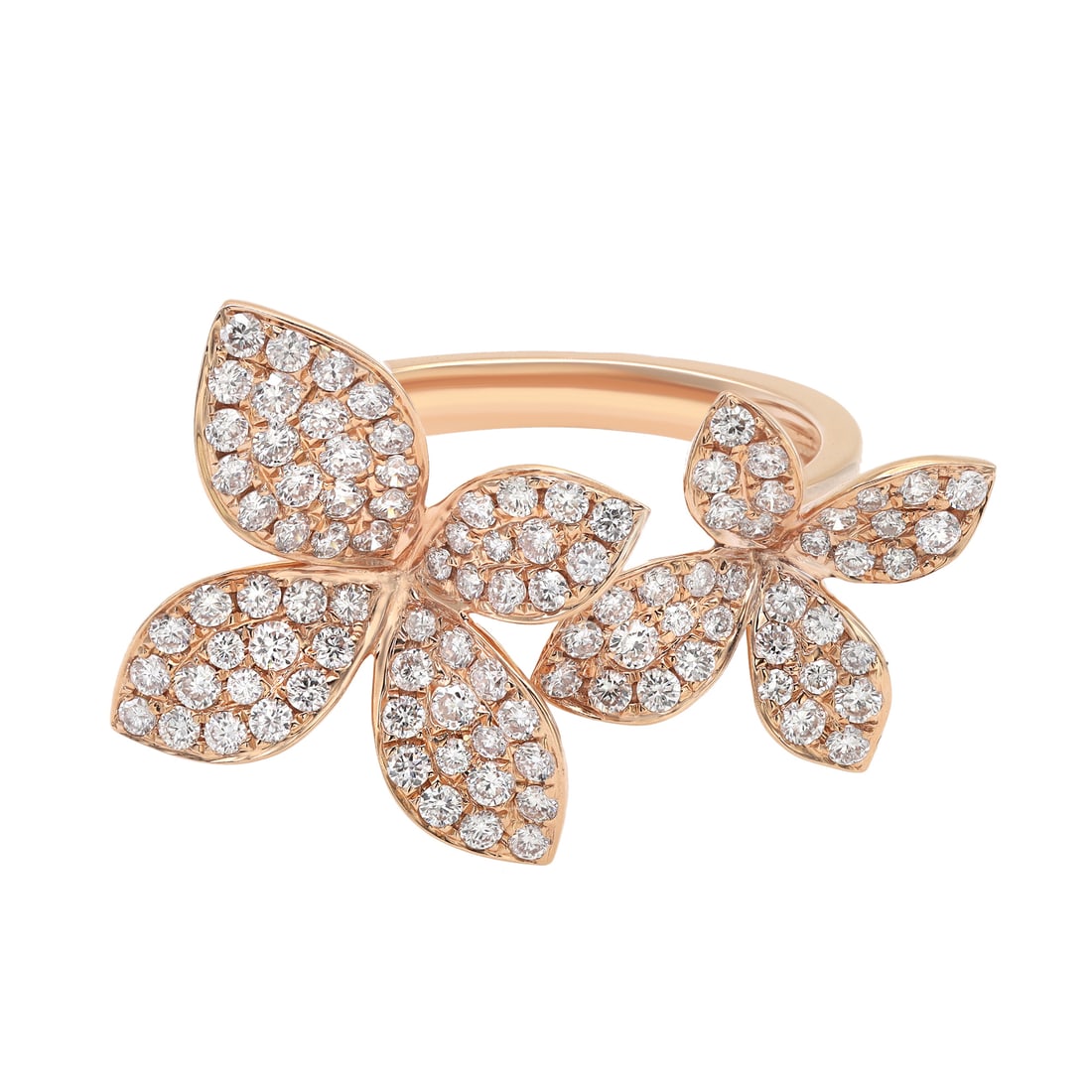 Rachel Koen 18K Rose Gold Double Flower Cocktail Ring with 0.95 Carat Diamonds Size 7: Rachel Koen 18K Rose Gold Double Flower Cocktail Ring with 0.95 Carat Diamonds Size 7 This exquisite Rachel Koen cocktail ring is a stunning piece of jewelry crafted from 18K rose gold. Designed in a