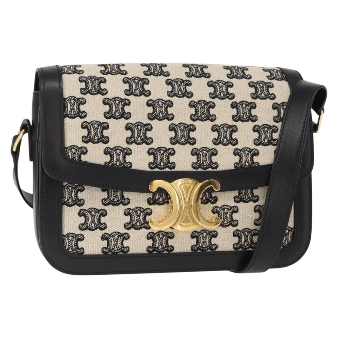 CELINE Teen Triomphe Leather Canvas Shoulder Bag Black White Italy: CELINE Teen Triomphe Leather Canvas Shoulder Bag Black White Italy Elevate your style with the CELINE Teen Triomphe Shoulder Bag, a luxurious accessory crafted from premium leather and canvas. This ch