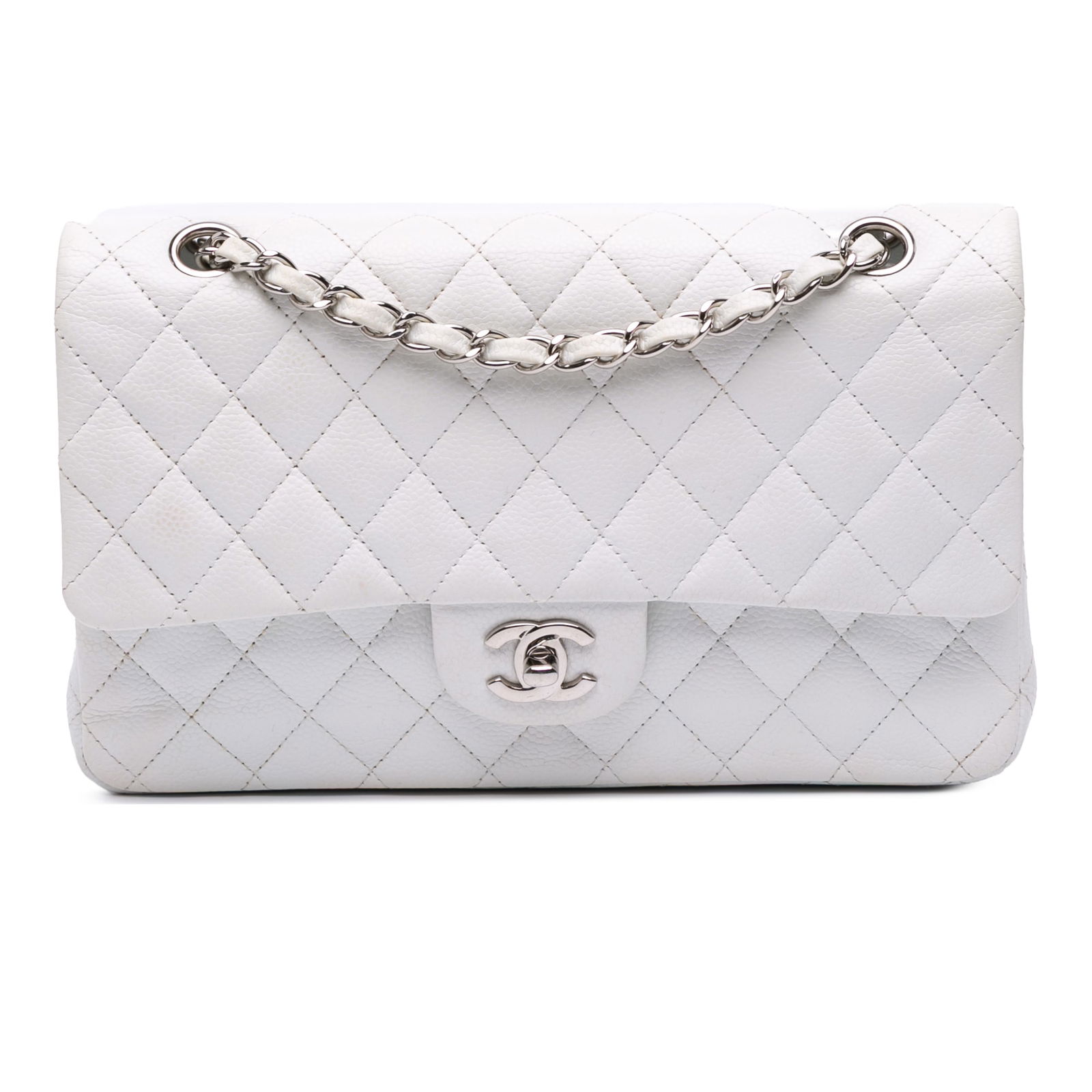 Chanel Medium Classic Caviar Double Flap White Leather Bag: Chanel Medium Classic Caviar Double Flap White Leather Bag This Chanel Medium Classic Caviar Double Flap shoulder bag is crafted from luxurious quilted caviar leather. It features elegant leather wove