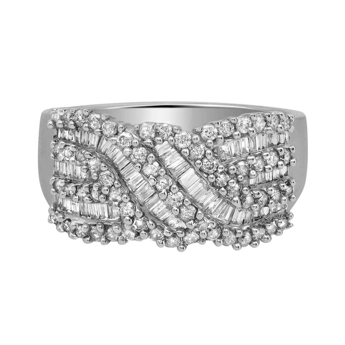 Rachel Koen 1.03Ctw Diamond Band Ring 14K White Gold SZ 8.25: Rachel Koen 1.03Ctw Diamond Band Ring 14K White Gold SZ 8.25 This exquisite ladies band ring showcases a stunning combination of channel-set baguette diamonds and prong-set round brilliant diamonds, e